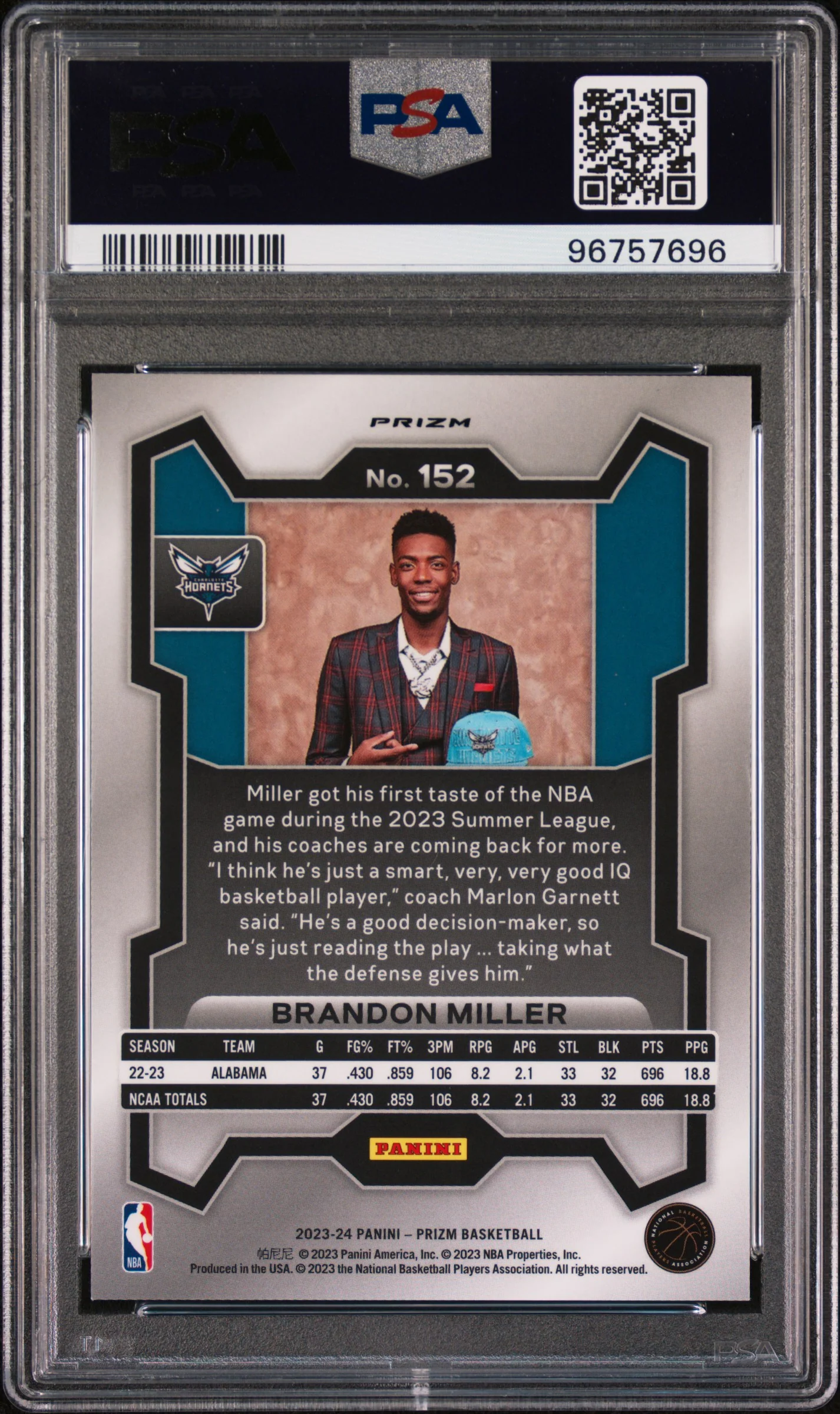 2023 Panini Prizm Variation Fast Break Brandon Miller #152 RC PSA 9 - Image 2