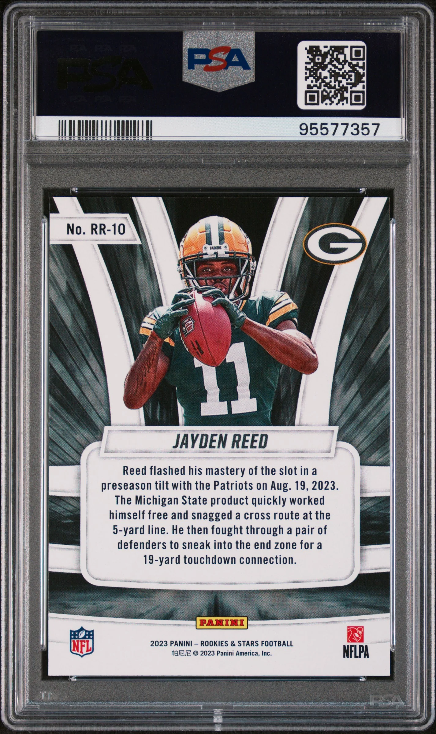 2023 Panini Rookies & Stars Rookie Rush-Green Jayden Reed #RR10 RC PSA 10 - Image 2