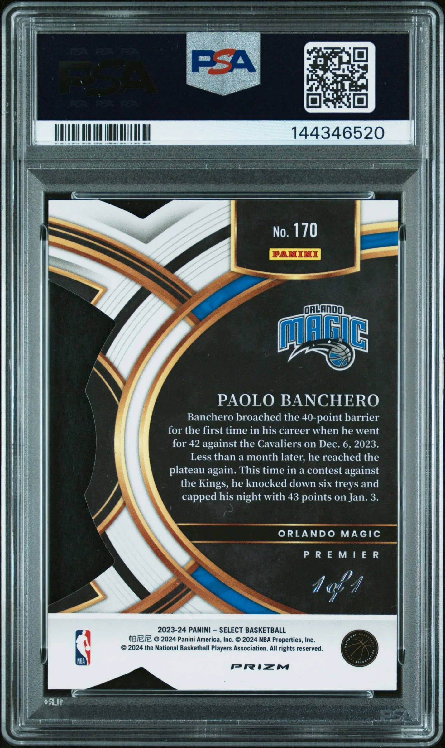2023 Panini Select Black Finite Die-Cut 1/1 Paolo Banchero #170 PSA 9 - Image 2
