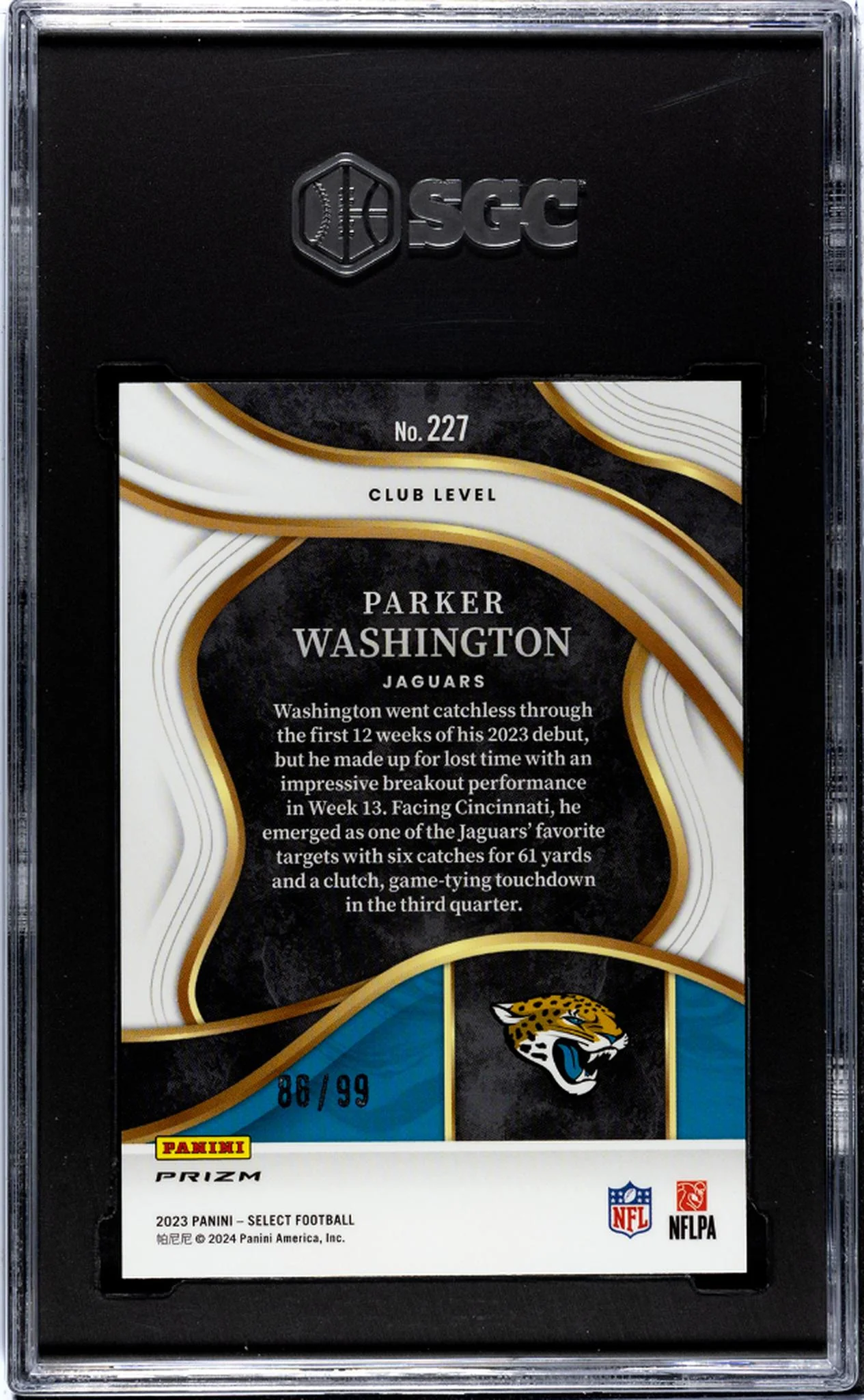 2023 Panini Select Blue Prizm Parker Washington #227 RC /99 SGC 9 - Image 2