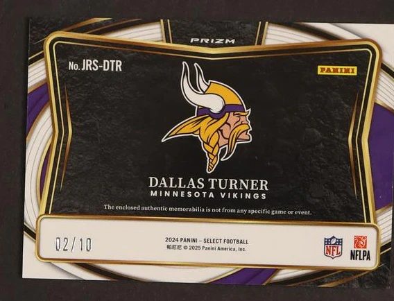 2024 Panini Select #JRS-DTR Dallas Turner Prizm Rookie /10 Patch RC Gold - Image 2