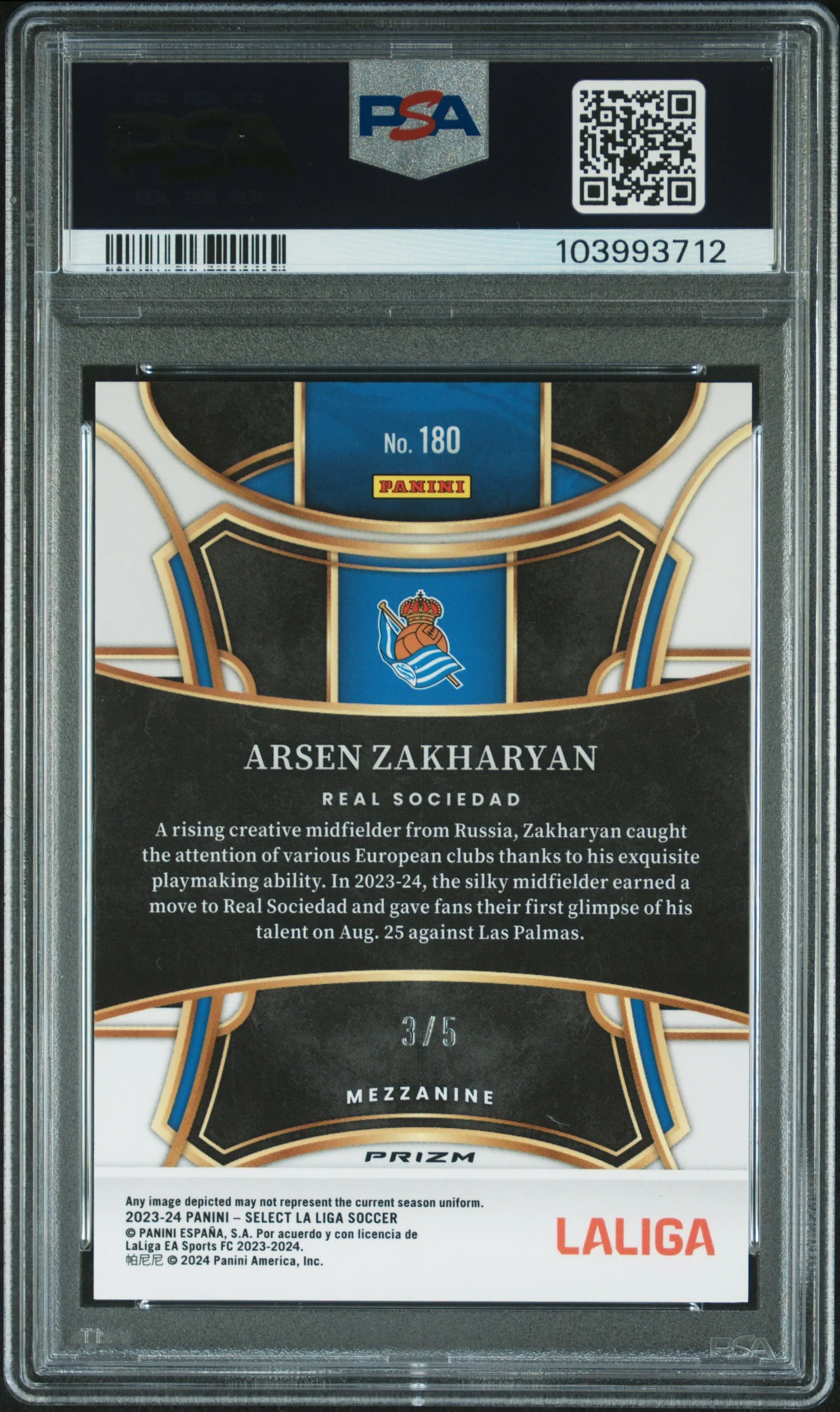 2023 Panini Select La Liga Green Arsen Zakharyan #180 /5 PSA 10 - Image 2