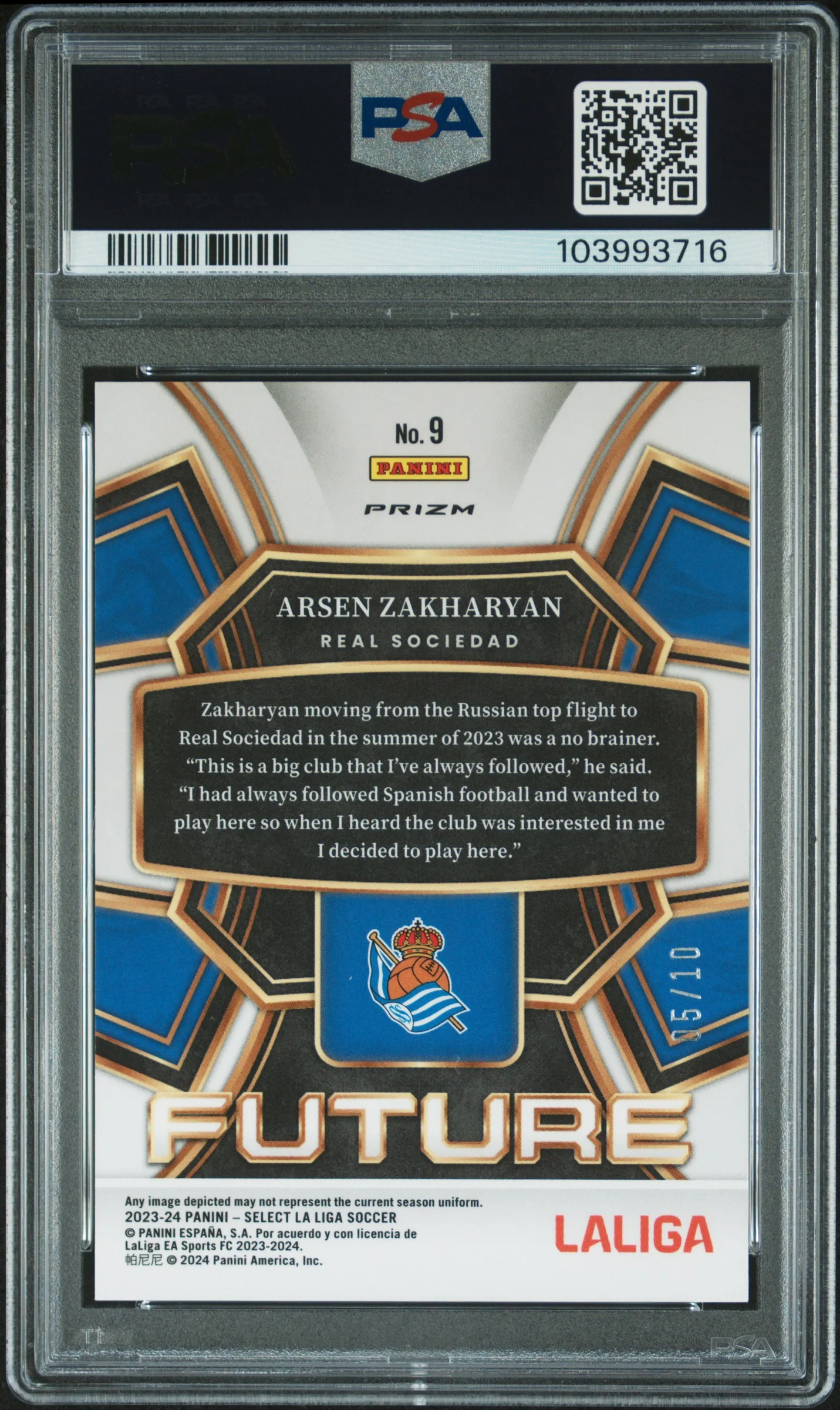 2023 Panini Select La Liga Select Future Gold Arsen Zakharyan #9 /10 PSA 9 - Image 2