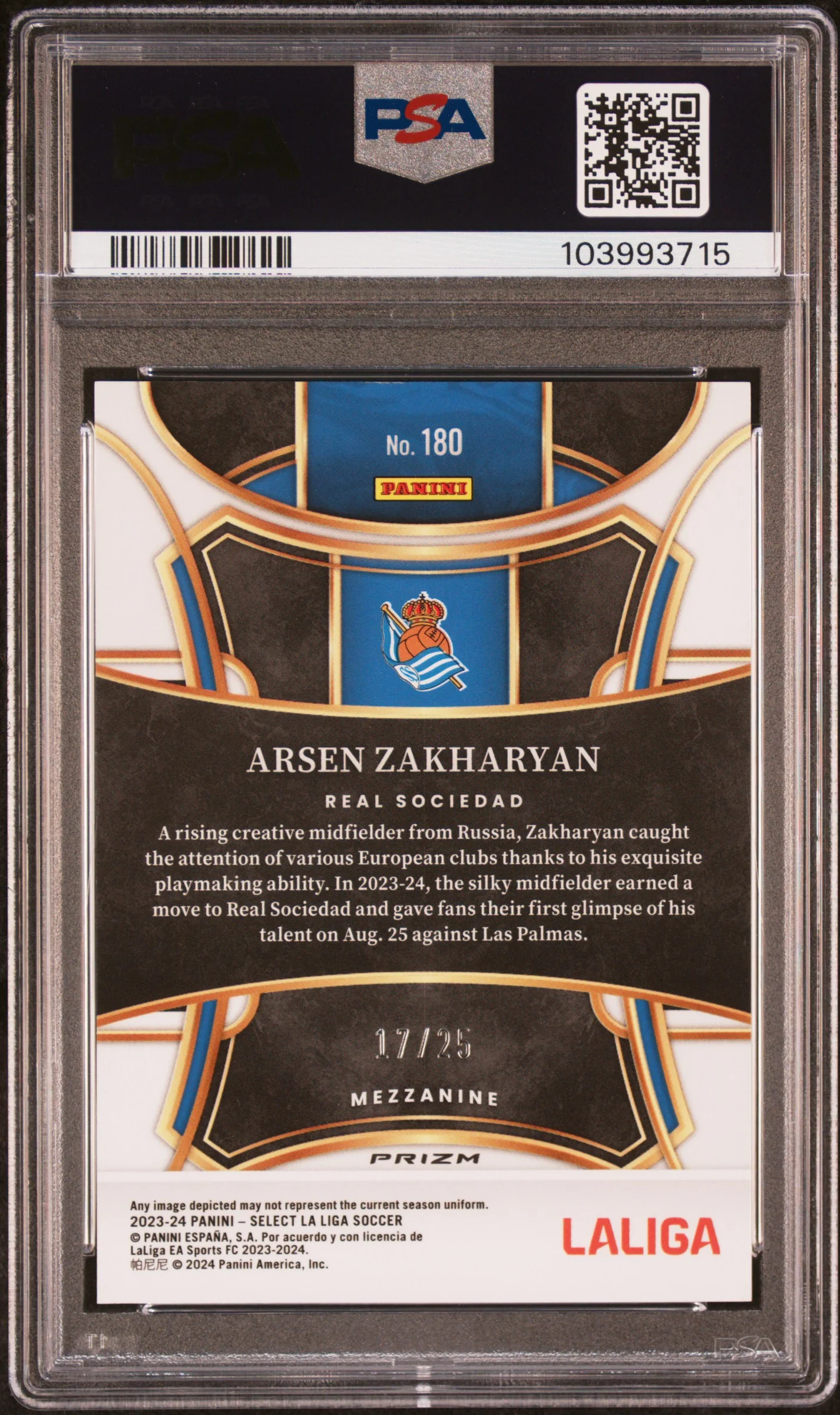 2023 Panini Select La Liga Zebra Arsen Zakharyan #180 /25 PSA 10 - Image 2