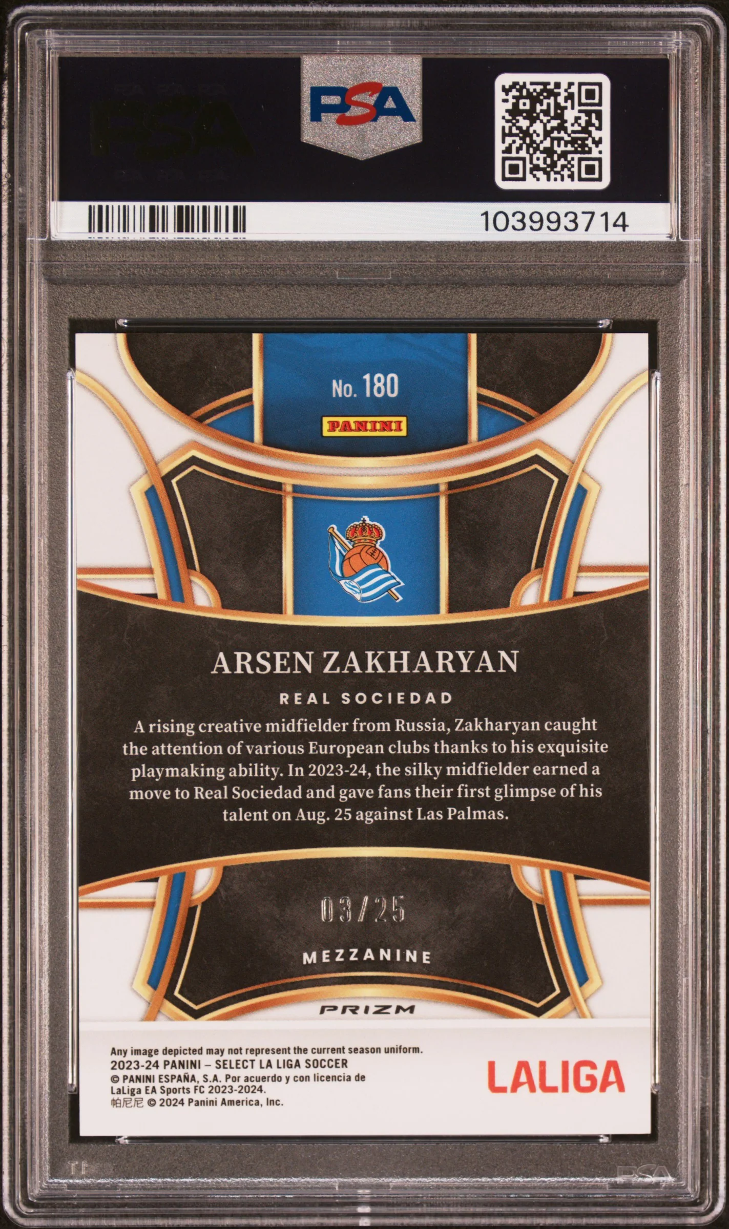 2023 Panini Select La Liga Zebra Arsen Zakharyan #180 /25 PSA 10 - Image 2