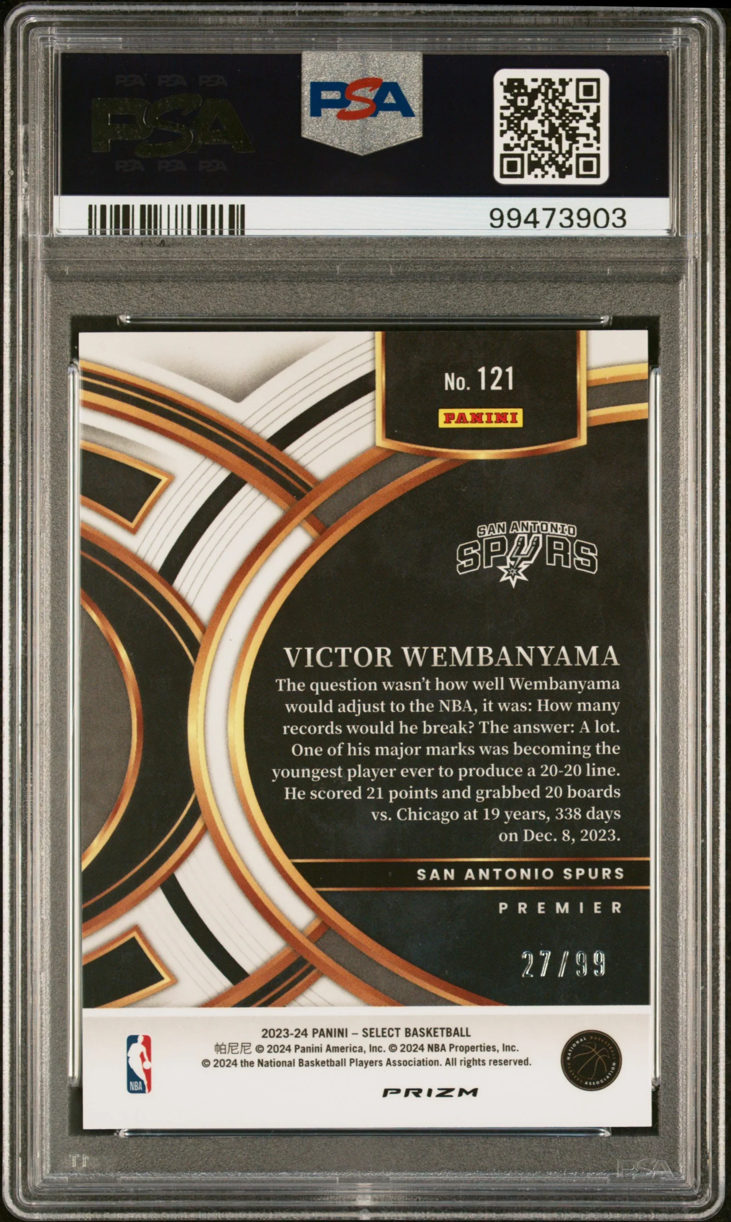 2023 Panini Select Premier Level Blue Tectonic Victor Wembanyama #121 /99 PSA 10 - Image 2