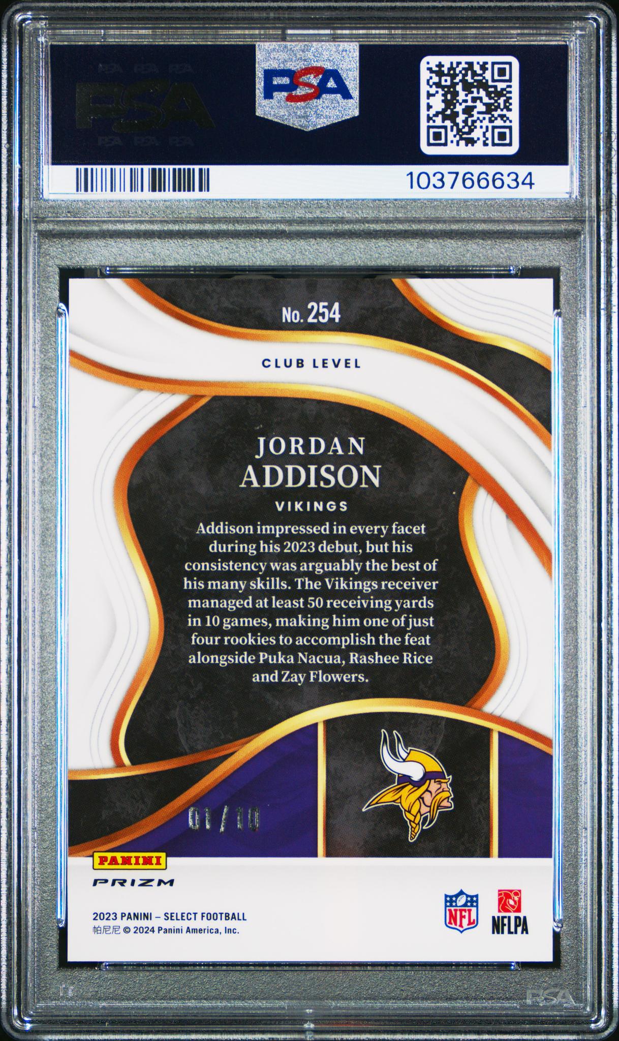 2023 Panini Select Prizm Gold Jordan Addison #254 /10 PSA 10 - Image 2