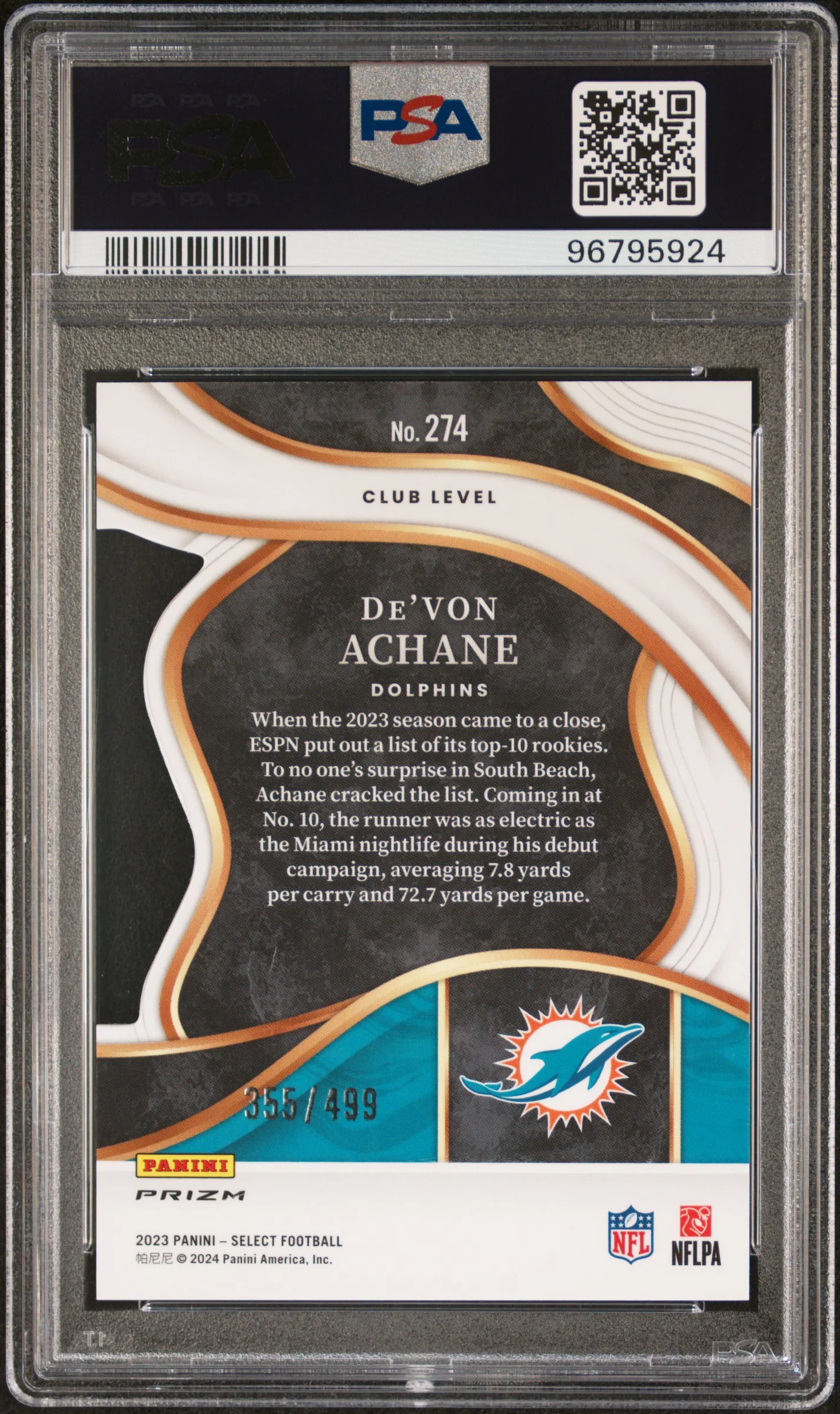 2023 Panini Select Prizm Neon Green De'Von Achane #274 /499 PSA 10 - Image 2