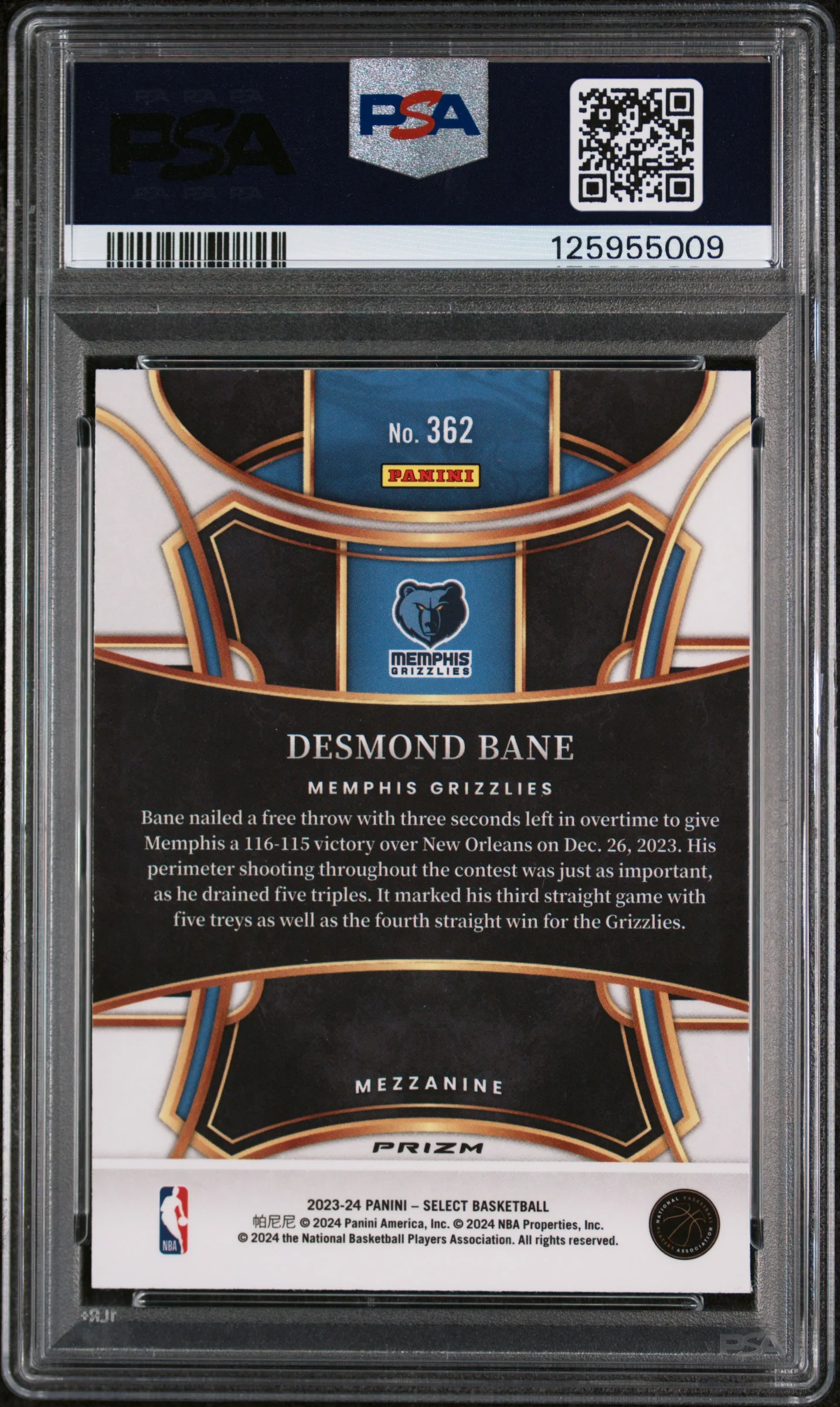 2023 Panini Select Prizms Tiger Desmond Bane #362 PSA 9 - Image 2