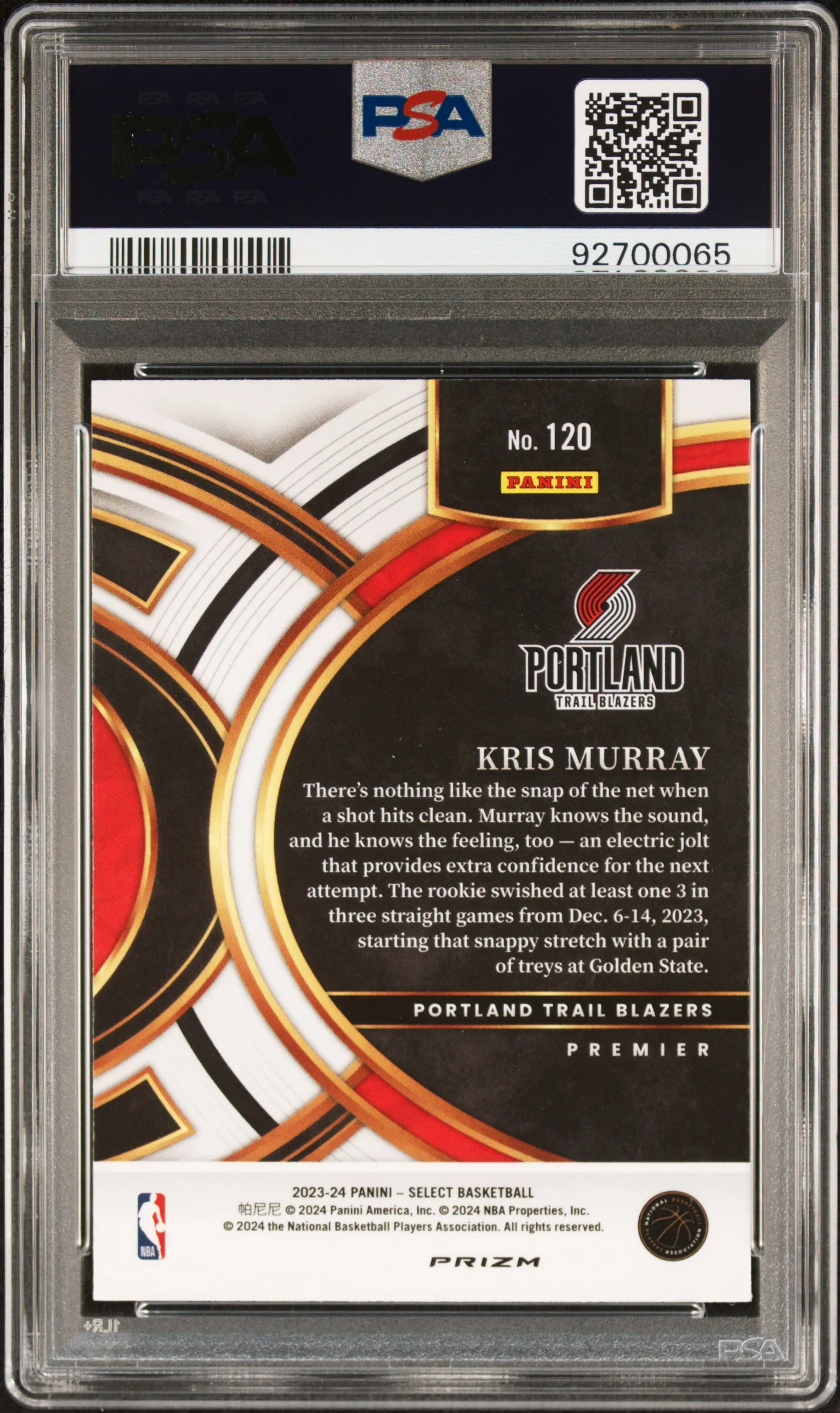 2023 Panini Select Prizms Zebra Kris Murray #120 PSA 10 - Image 2