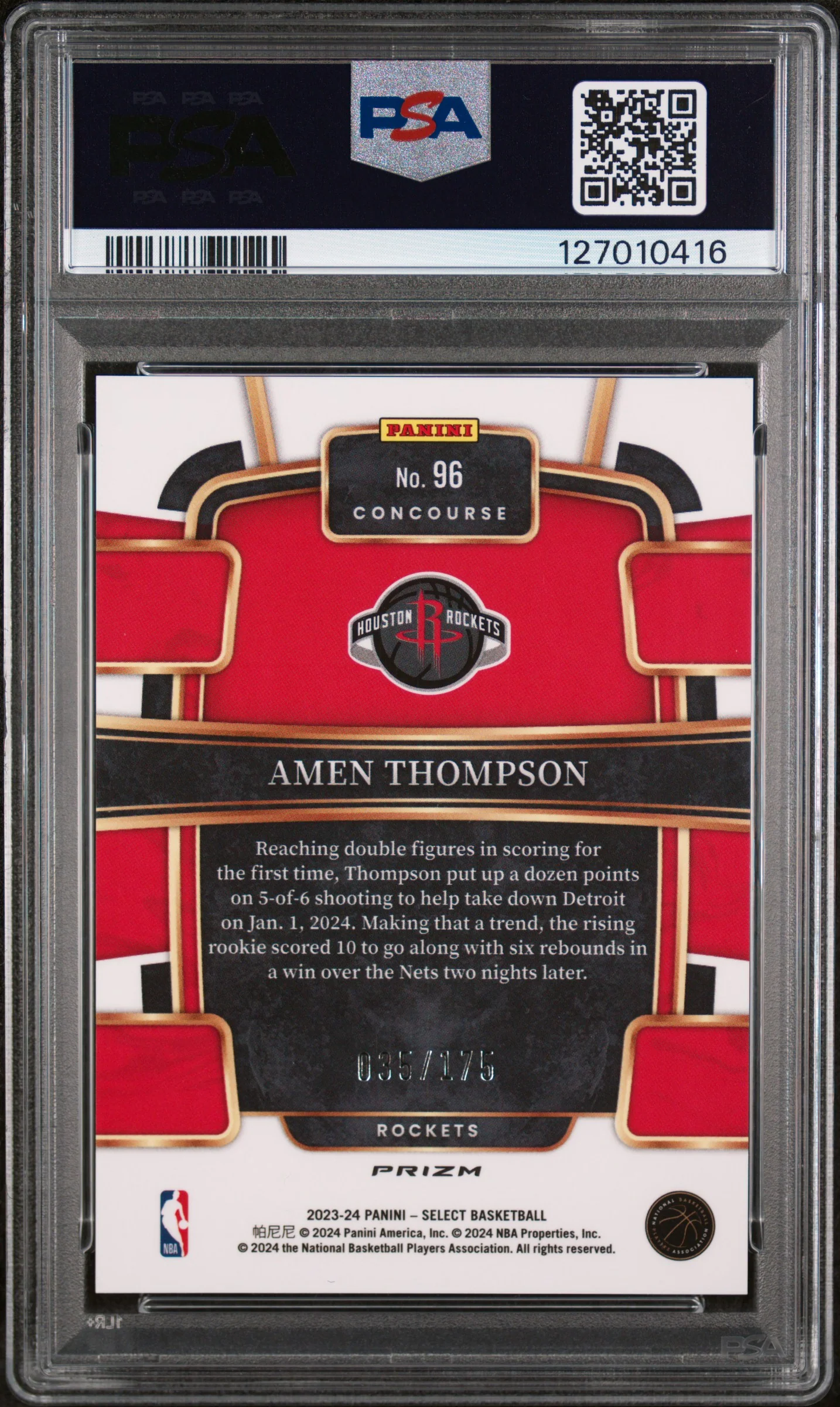 2023 Panini Select Purple Flash Amen Thompson #96 /175 PSA 8 - Image 2