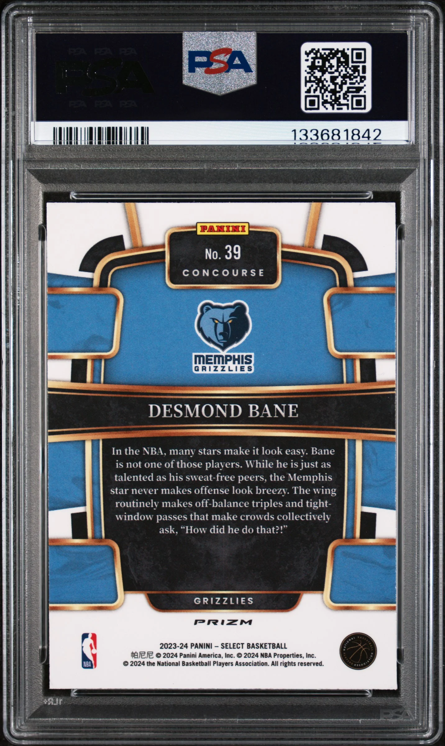 2023 Panini Select Tiger Desmond Bane #39 PSA 10 - Image 2