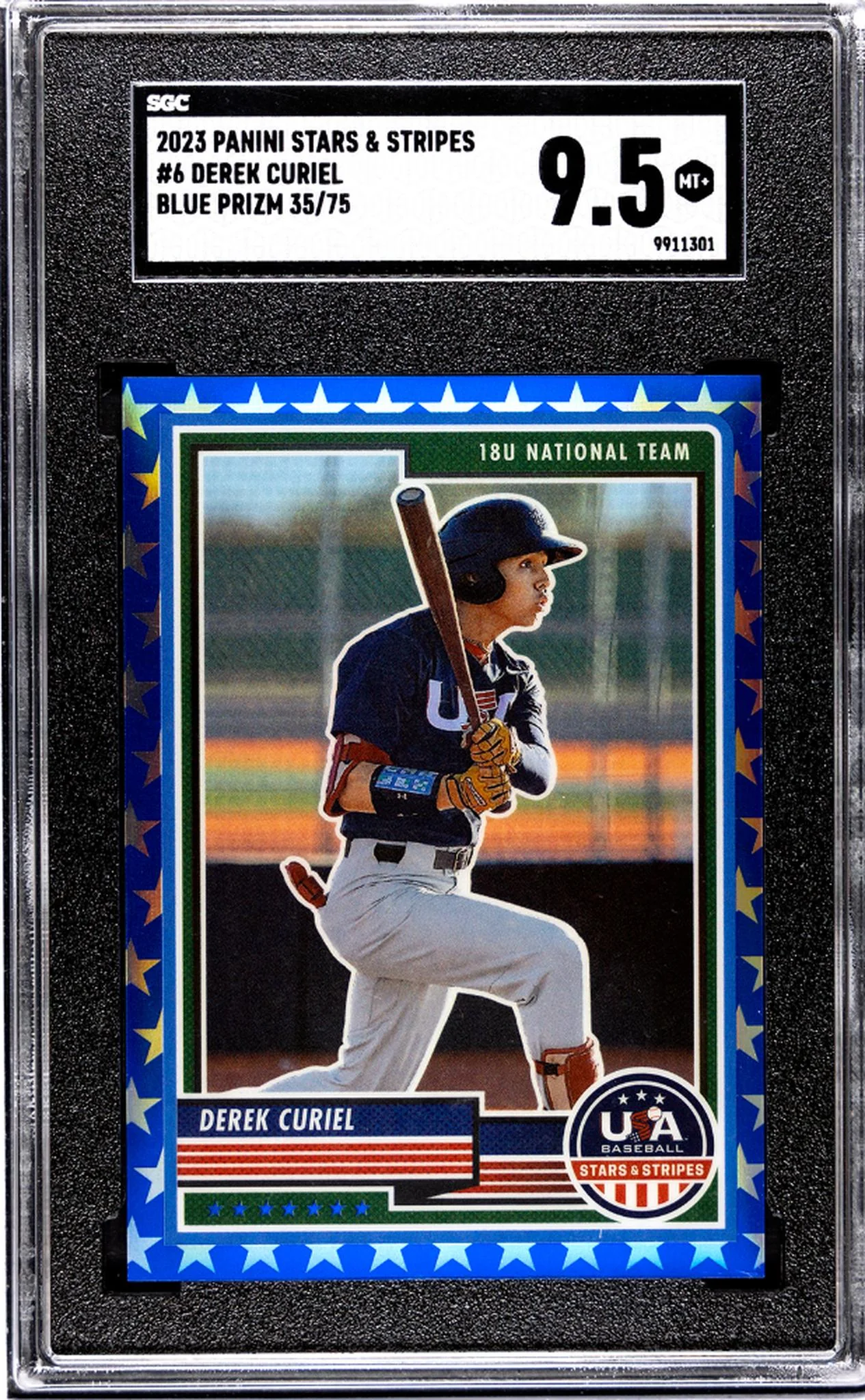 2023 Panini Stars & Stripes Blue Prizm Derek Curiel #6 /75 SGC 9.5