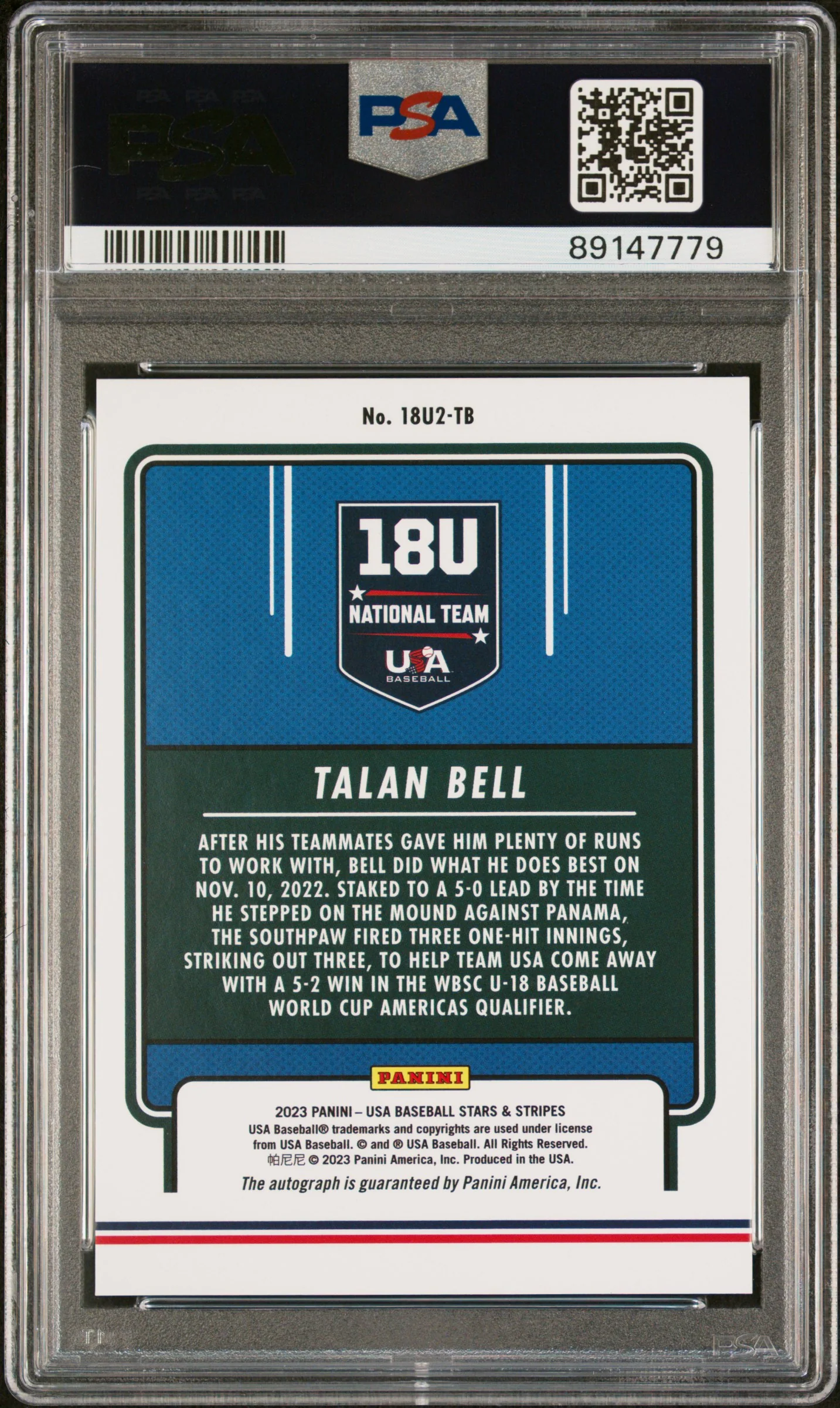 2023 Panini Stars & Stripes Crystals Talan Bell #18U2-TB /23 PSA 10 - Image 2