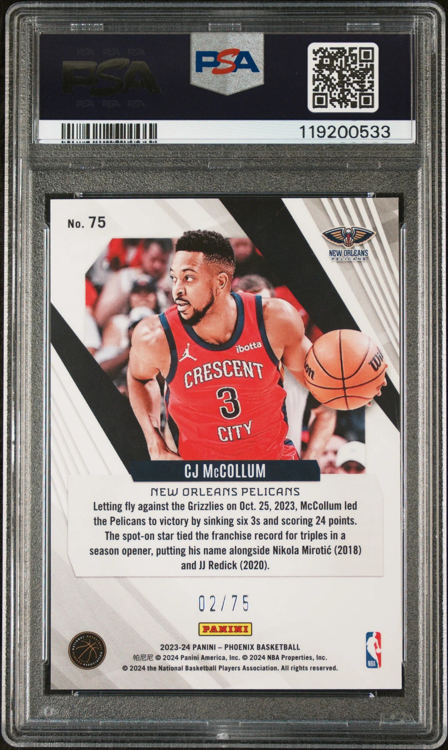2023 Phoenix #75 CJ McCollum Lava /75 PSA 10 - Image 2