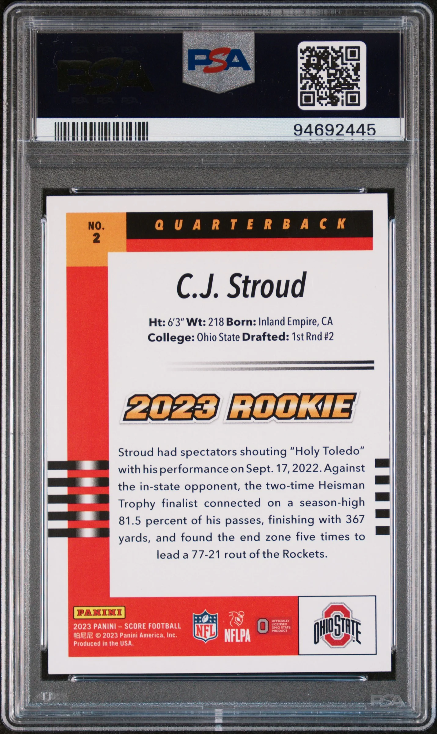 2023 Score '03 Throwback Rookie CJ Stroud #2 PSA 10 - Image 2