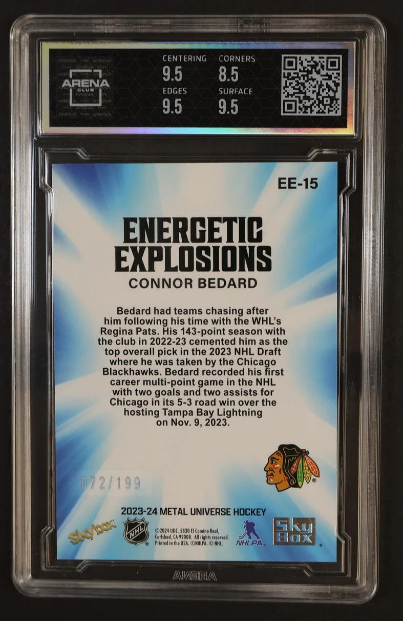 2023 SkyBox Metal Universe EE-15 Connor Bedard Energetic Explosions Spectrum Rookie /199 Arena Club 9 Mint Chicago Blackhawks - Image 2