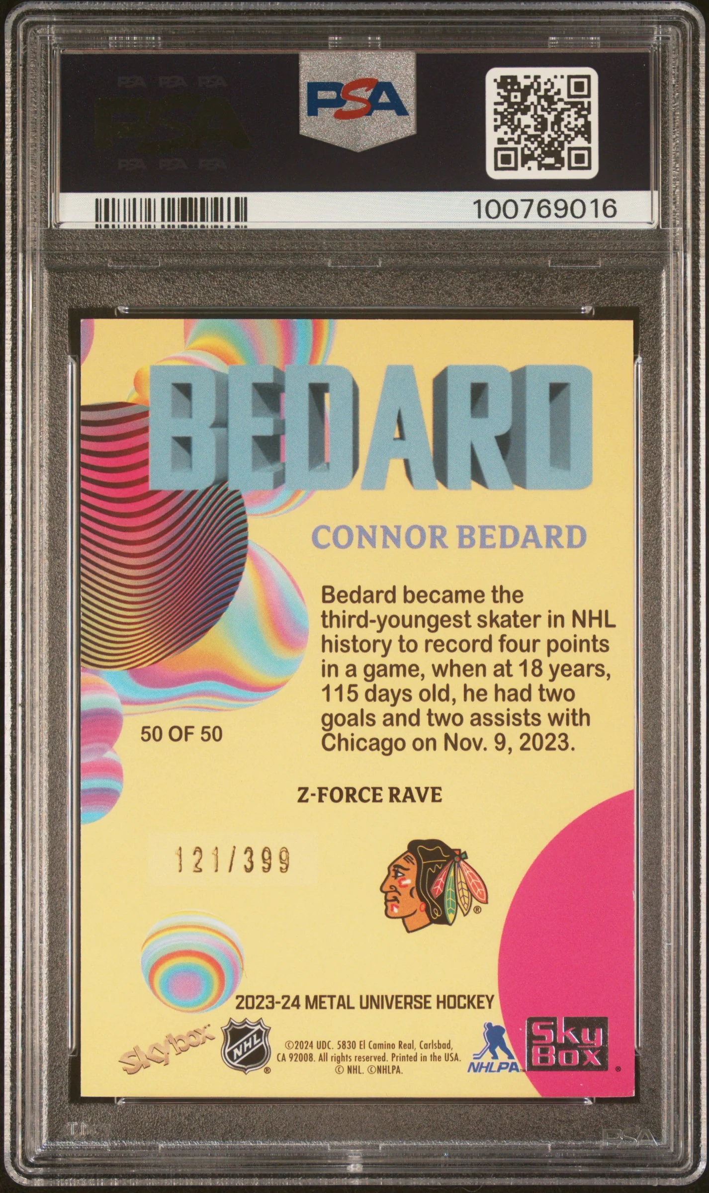 2023 Skybox Metal Universe Z-Force Z-Force-Rave Connor Bedard #50 /399 PSA 8 - Image 2