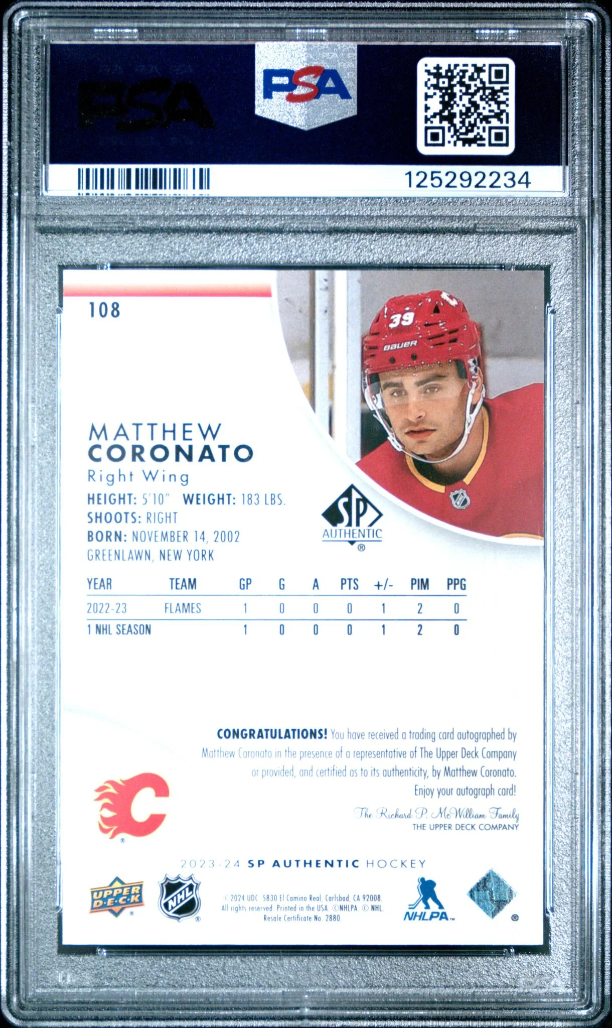 2023 SP Authentic Matthew Coronato #108 /999 PSA 9 - Image 2