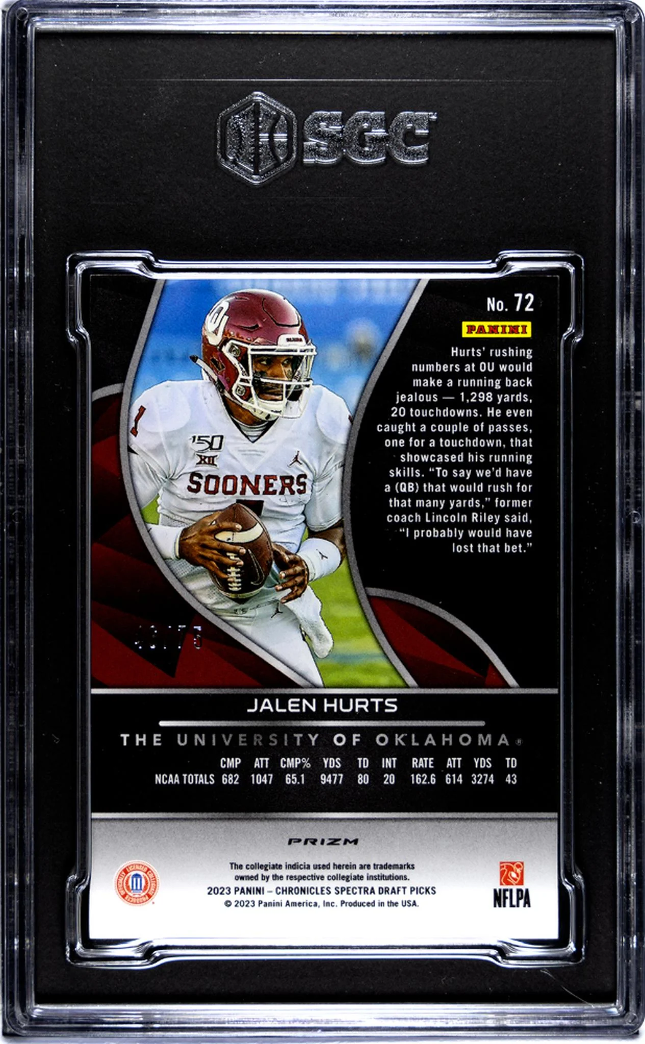 2023 Spectra #72 Jalen Hurts /75 SGC 9.5 - Image 2