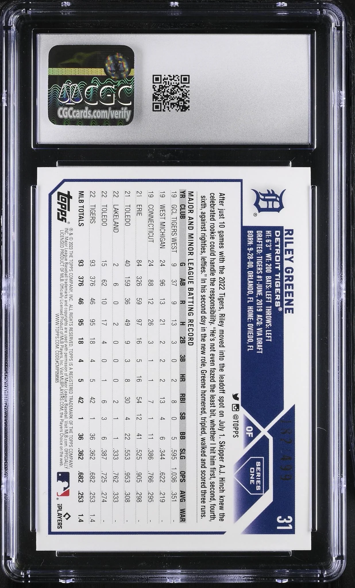2023 Topps #31 Riley Greene /499 CGC 10 - Image 2