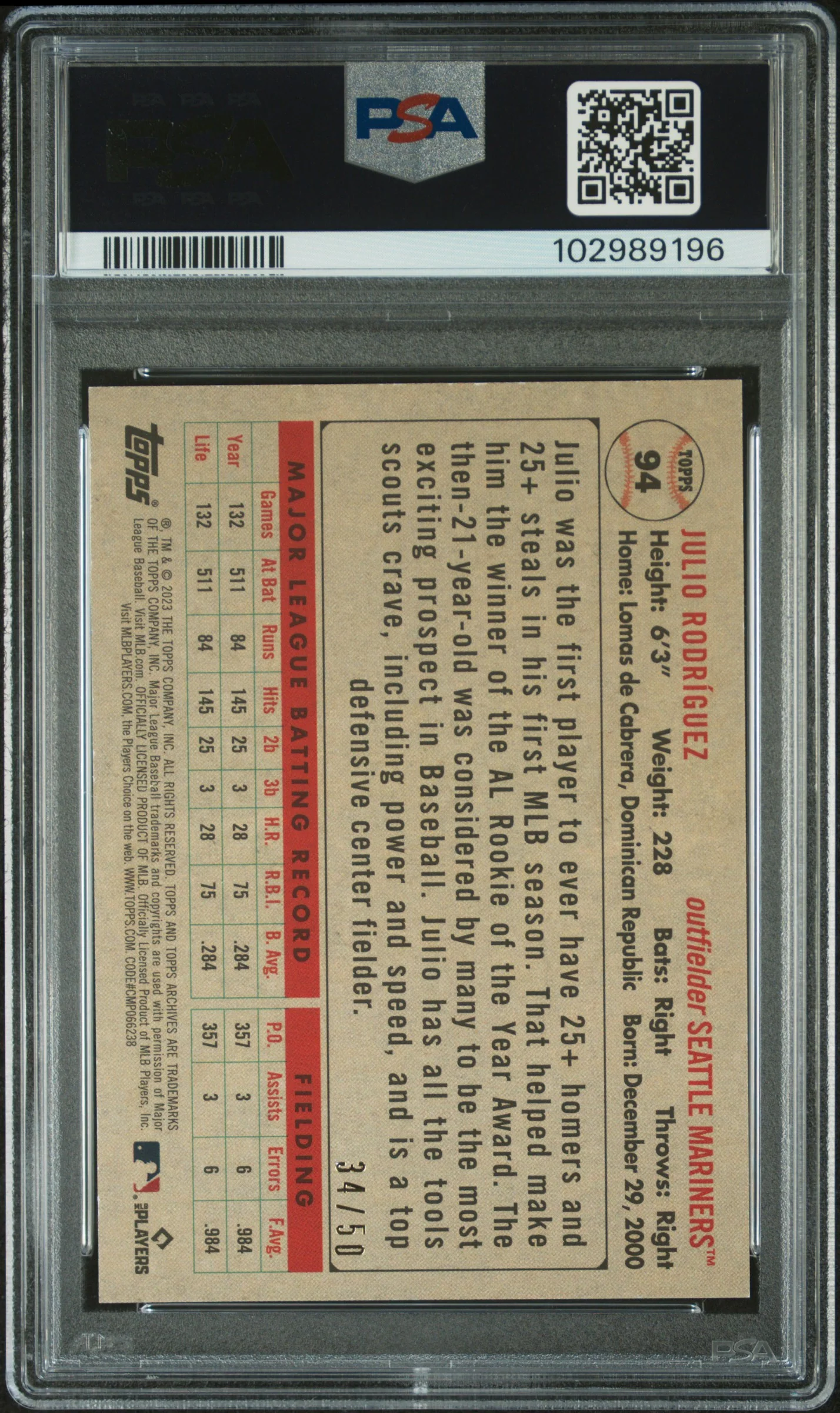 2023 Topps Archives Red Hot Foil Julio Rodriguez #94 /50 PSA 9 - Image 2