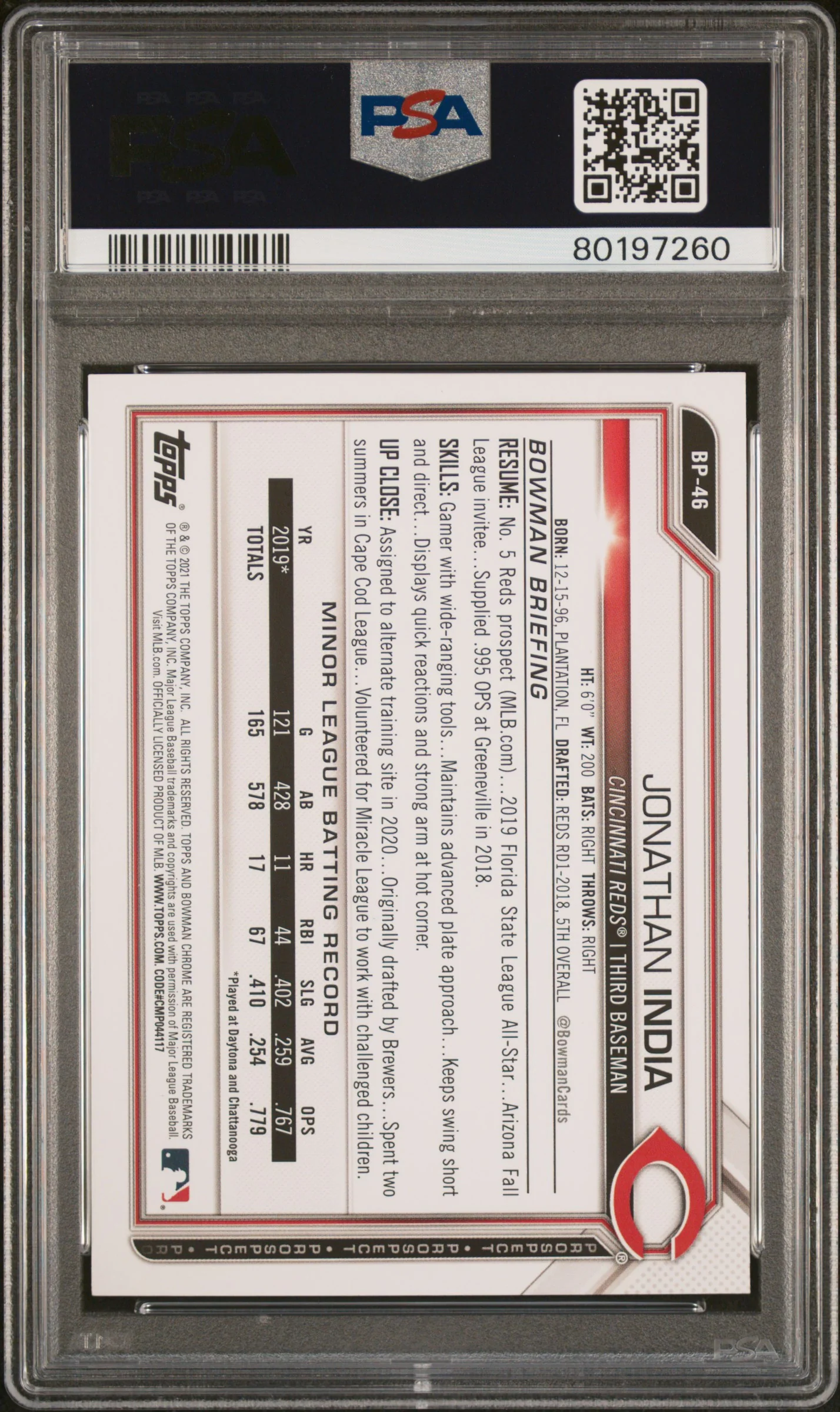 2023 Topps Archives Signature Jonathan India #BP46 Auto /49 PSA 9 - Image 2