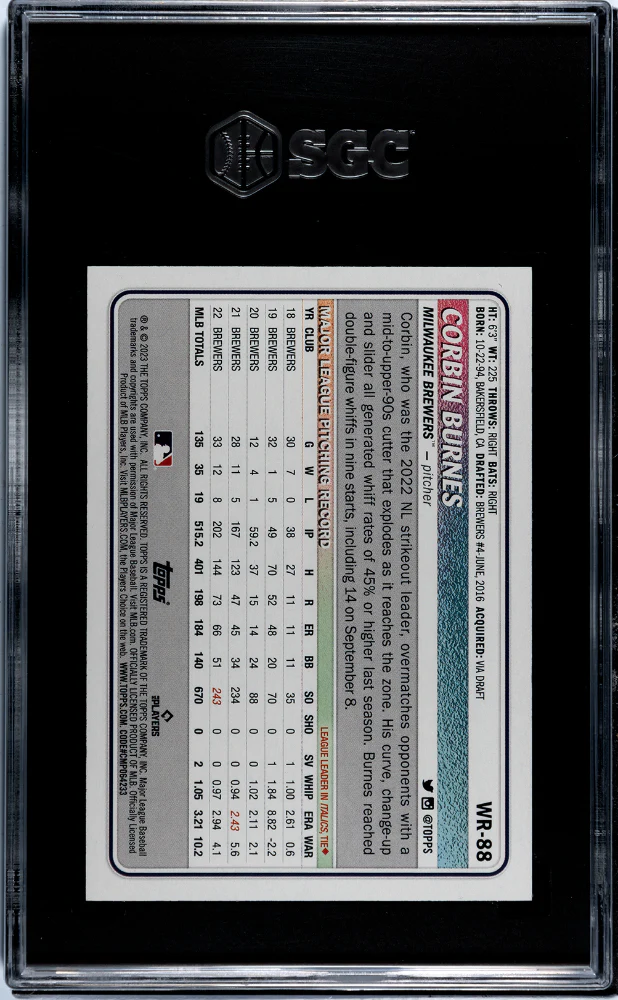 2023 Topps Big League Wrapper Redempt Blue Foil Corbin Burnes #WR-88 /75 SGC 9.5 - Image 2
