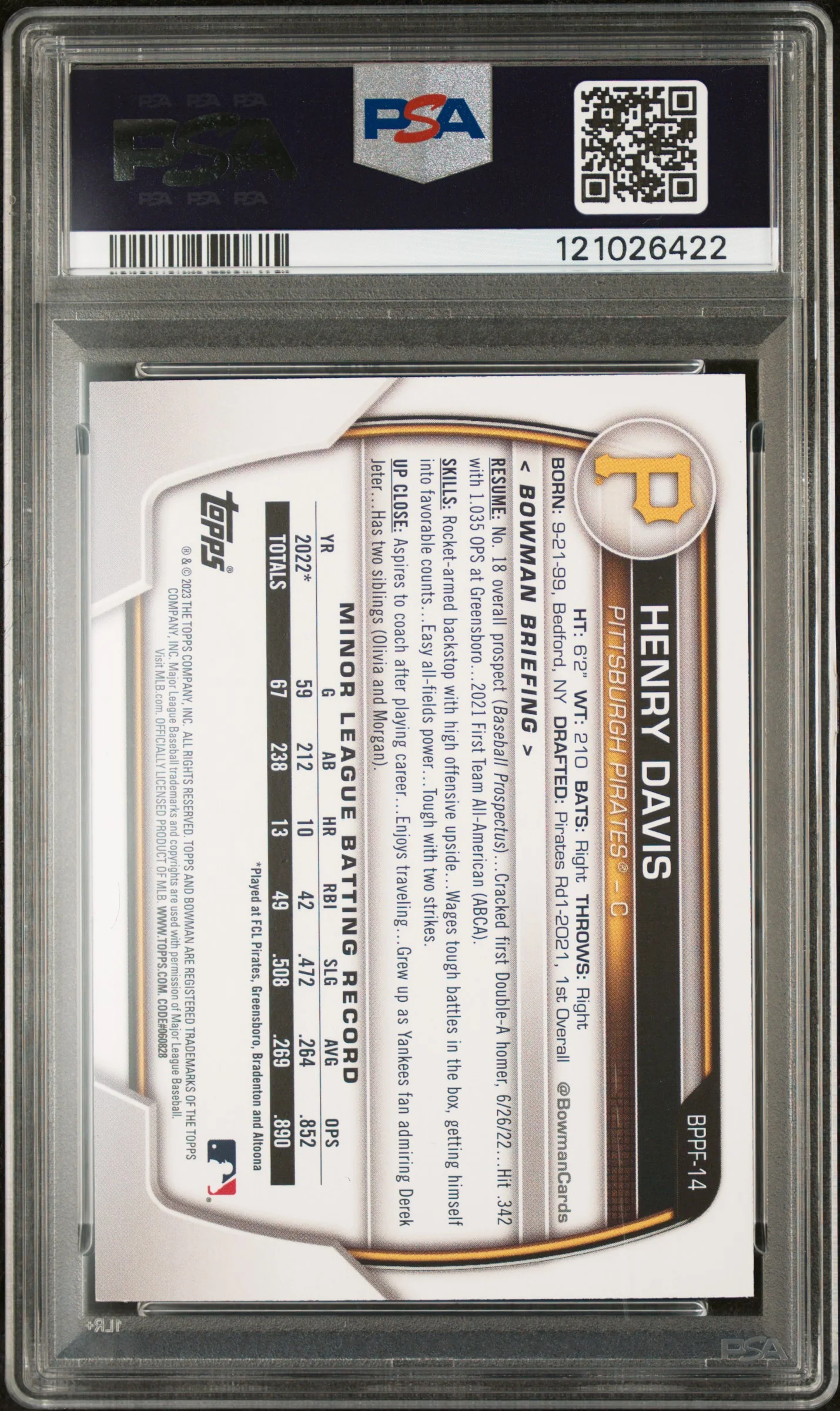 2023 Topps Bowman 1st Edition Gold Foil Henry Davis #BPPF14 /50 PSA 9 - Image 2