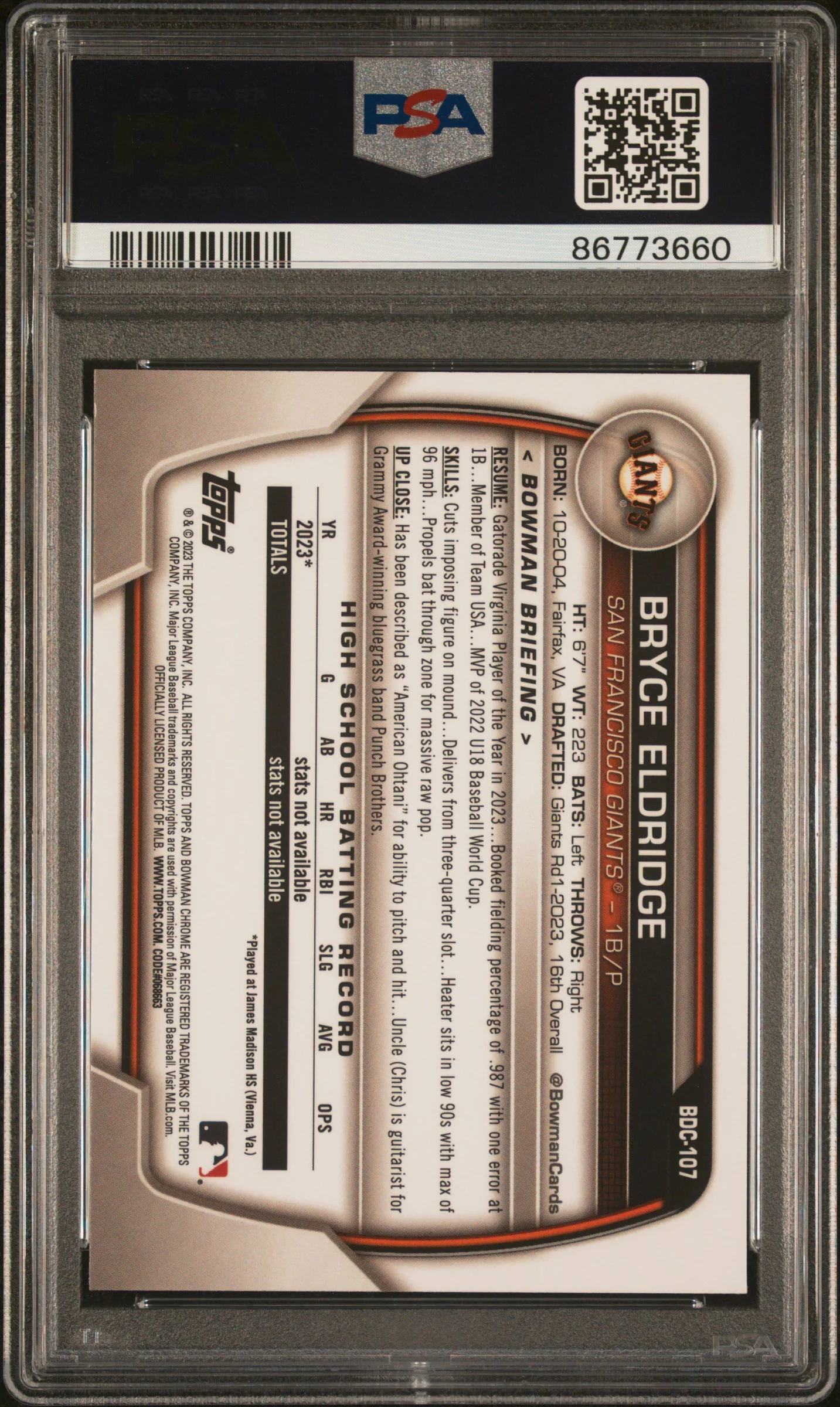 2023 Topps Bowman Draft Sapphire Edition Bryce Eldridge #BDC107 PSA 10 - Image 2