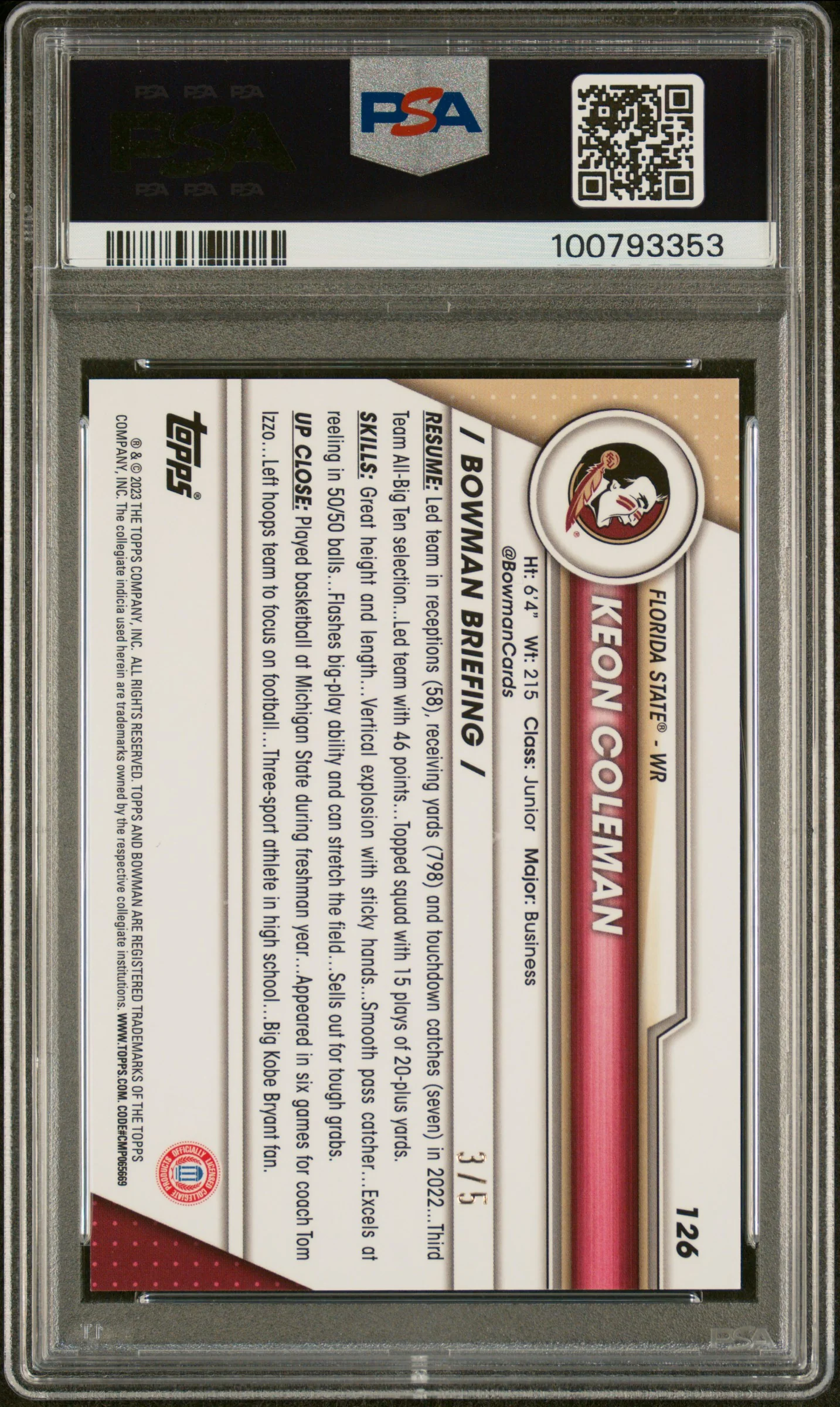 2023 Topps Bowman U Chrome Red Refractor Keon Coleman #126 1st Bowman /5 PSA 10 - Image 2