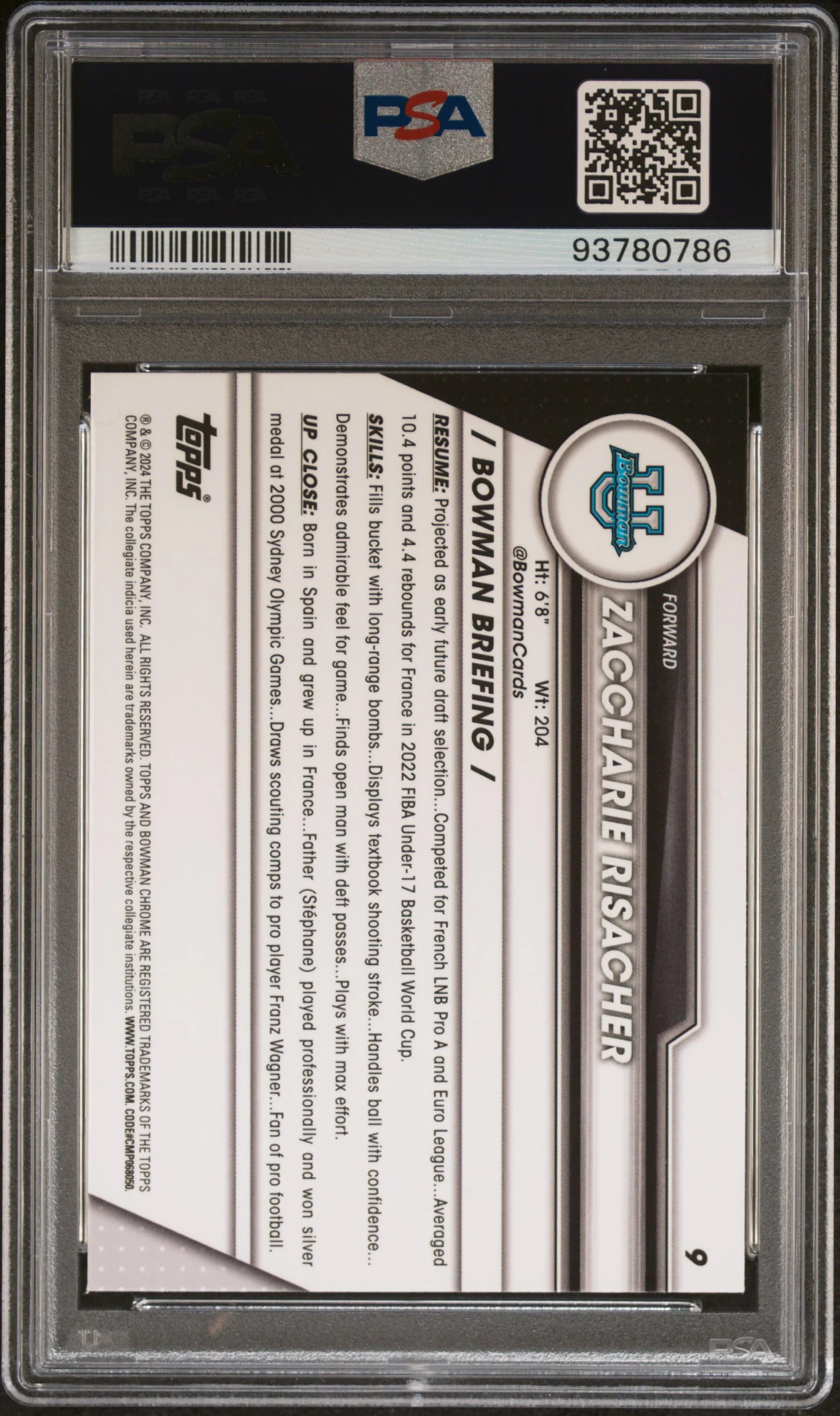 2023 Topps Bowman U Chrome Zaccharie Risacher #9 1st Bowman PSA 10 - Image 2