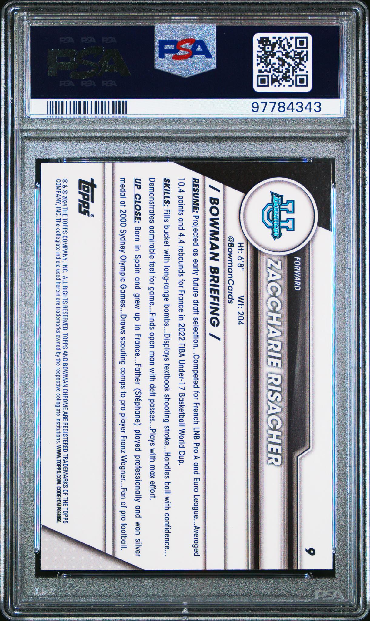 2023 Topps Bowman U Chrome Zaccharie Risacher #9 1st Bowman PSA 9 - Image 2