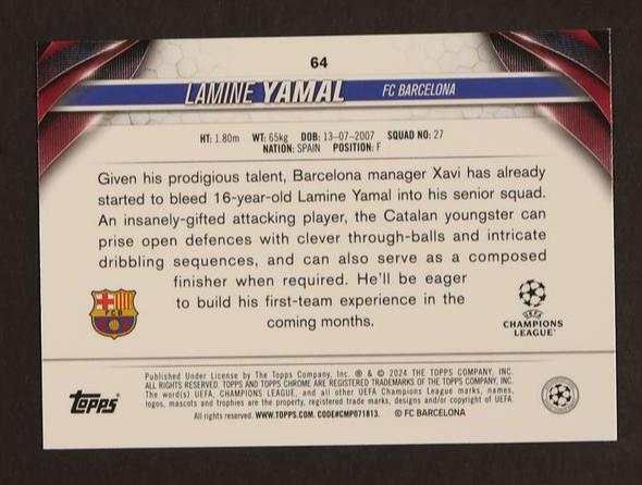 2023 Topps Chrome 64 Lamine Yamal Rookie FC Barcelona - Image 2
