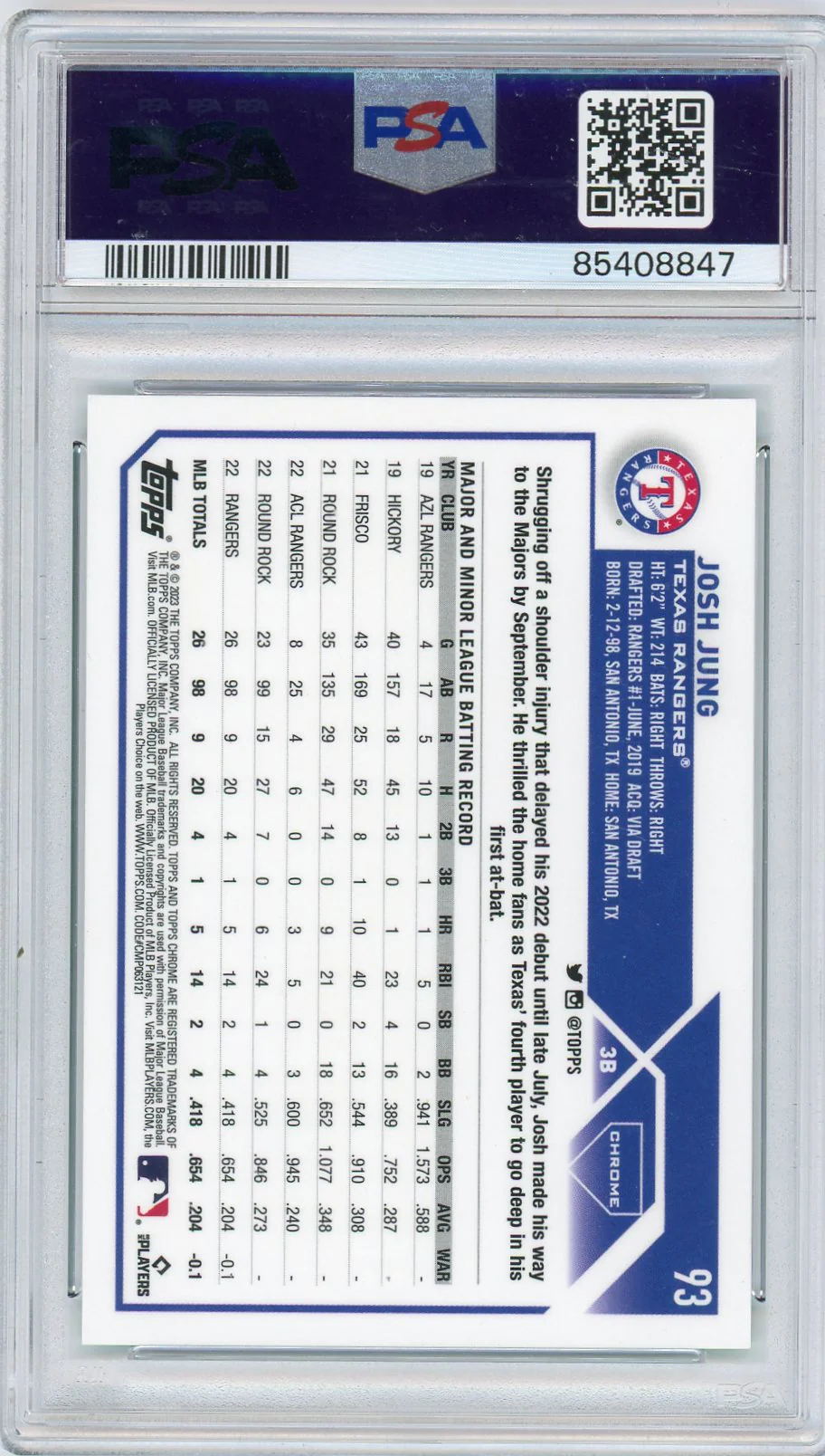 2023 Topps Chrome Aqua Josh Jung #93 RC PSA 10 - Image 2