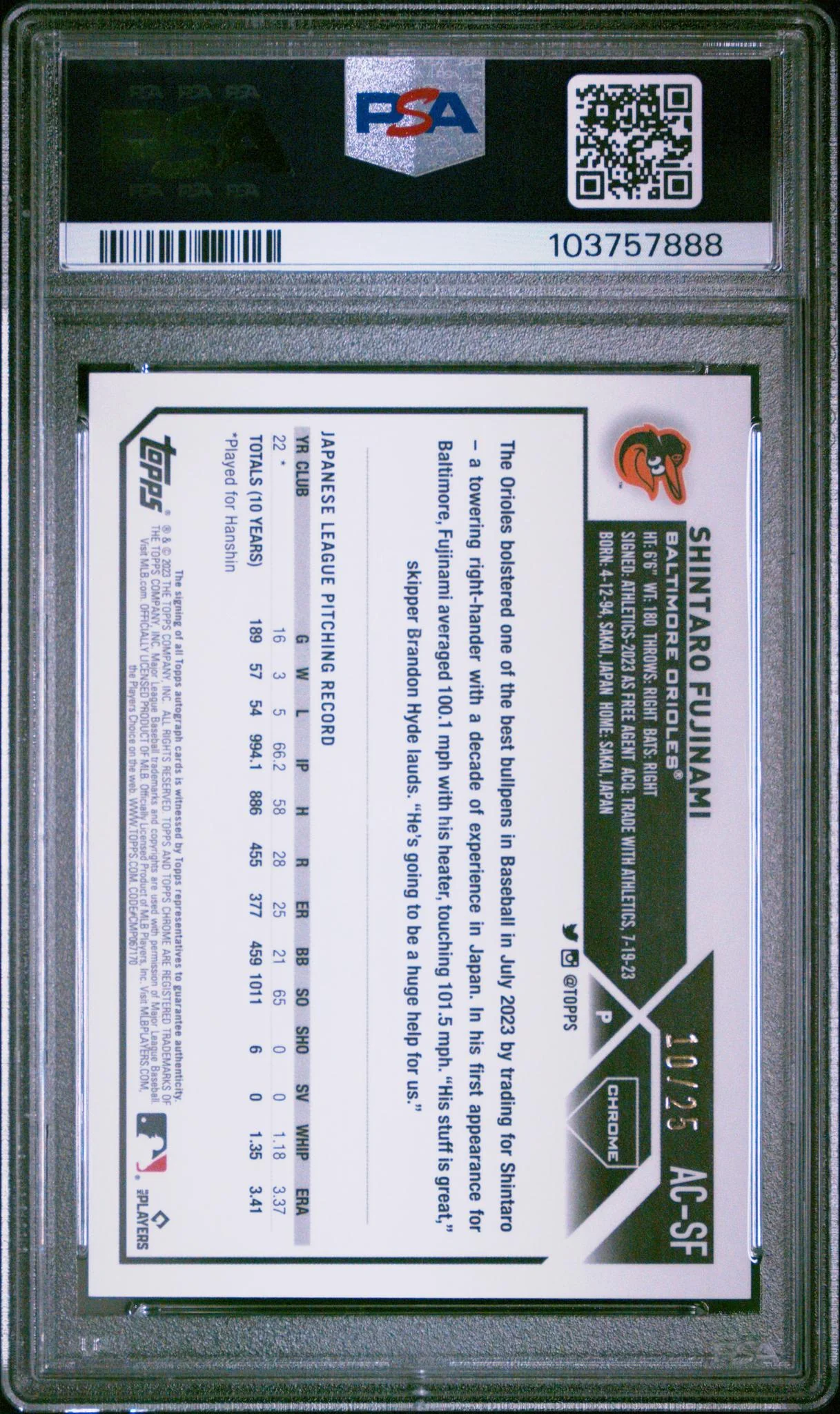 2023 Topps Chrome #ACSF Shintaro Fujinami Orange Wave Refractor /25 PSA 9 - Image 2