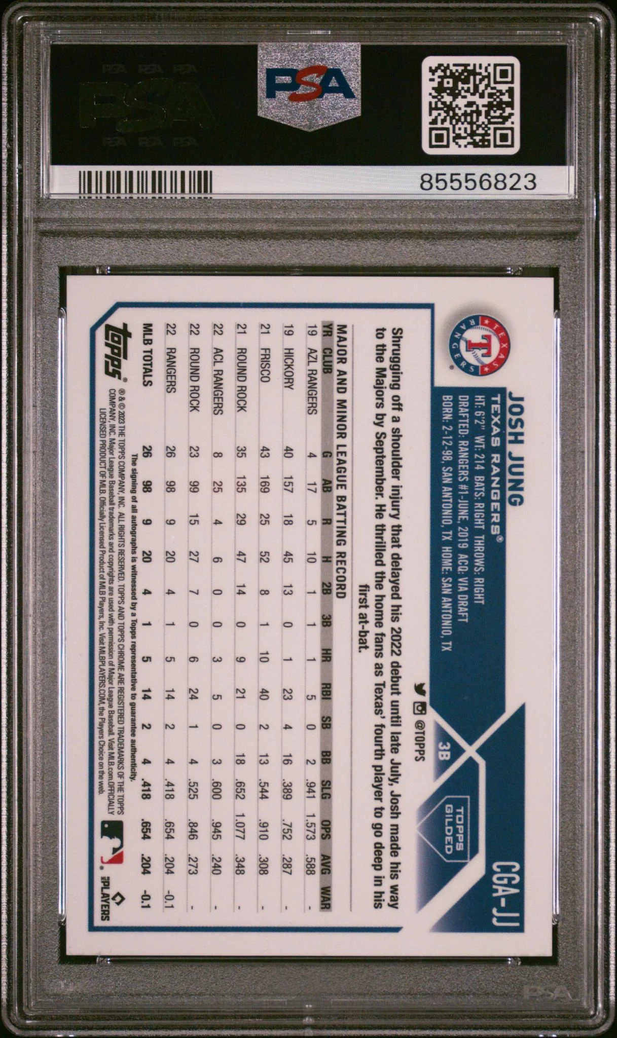 2023 Topps Chrome Gilded Collection #CGAJJ Josh Jung Gold Etch Autograph Blue Refractor /50 PSA 10 - Image 2