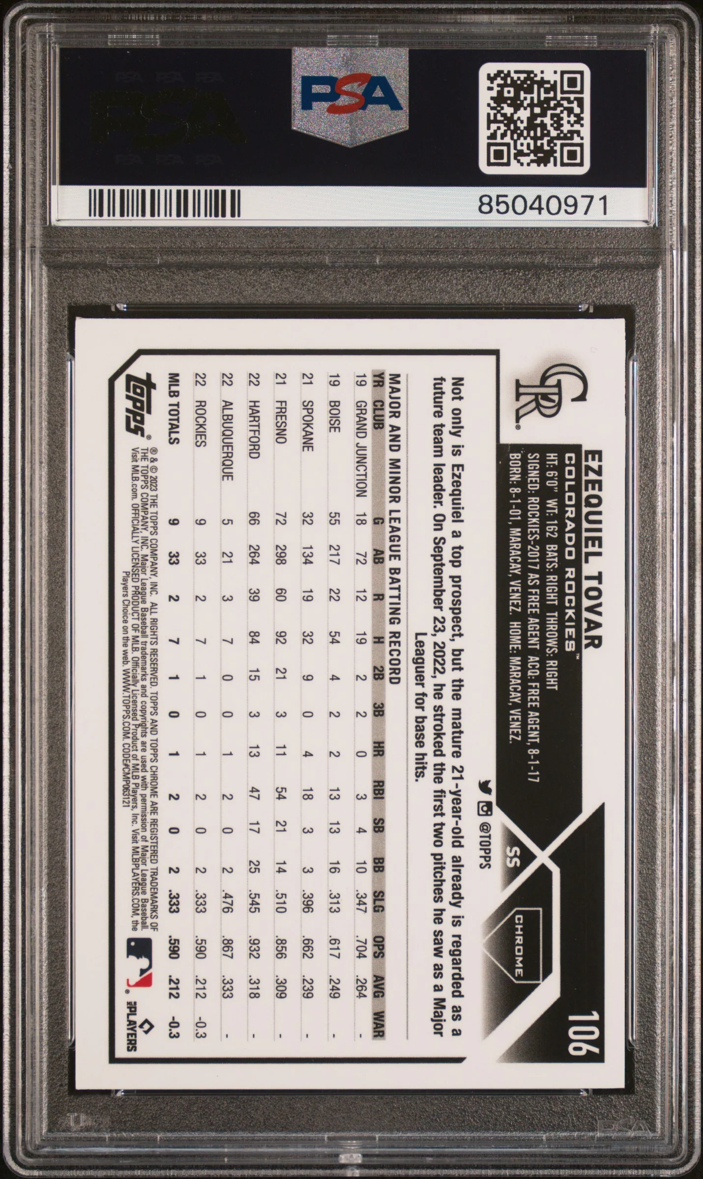 2023 Topps Chrome Gold Wave Ezequiel Tovar #106 /50 PSA 9 - Image 2