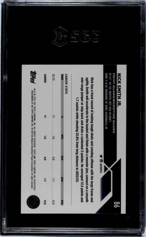 2023 Topps Chrome Green Refractor Nick Smith Jr. #86 RC SGC 10 - Image 2