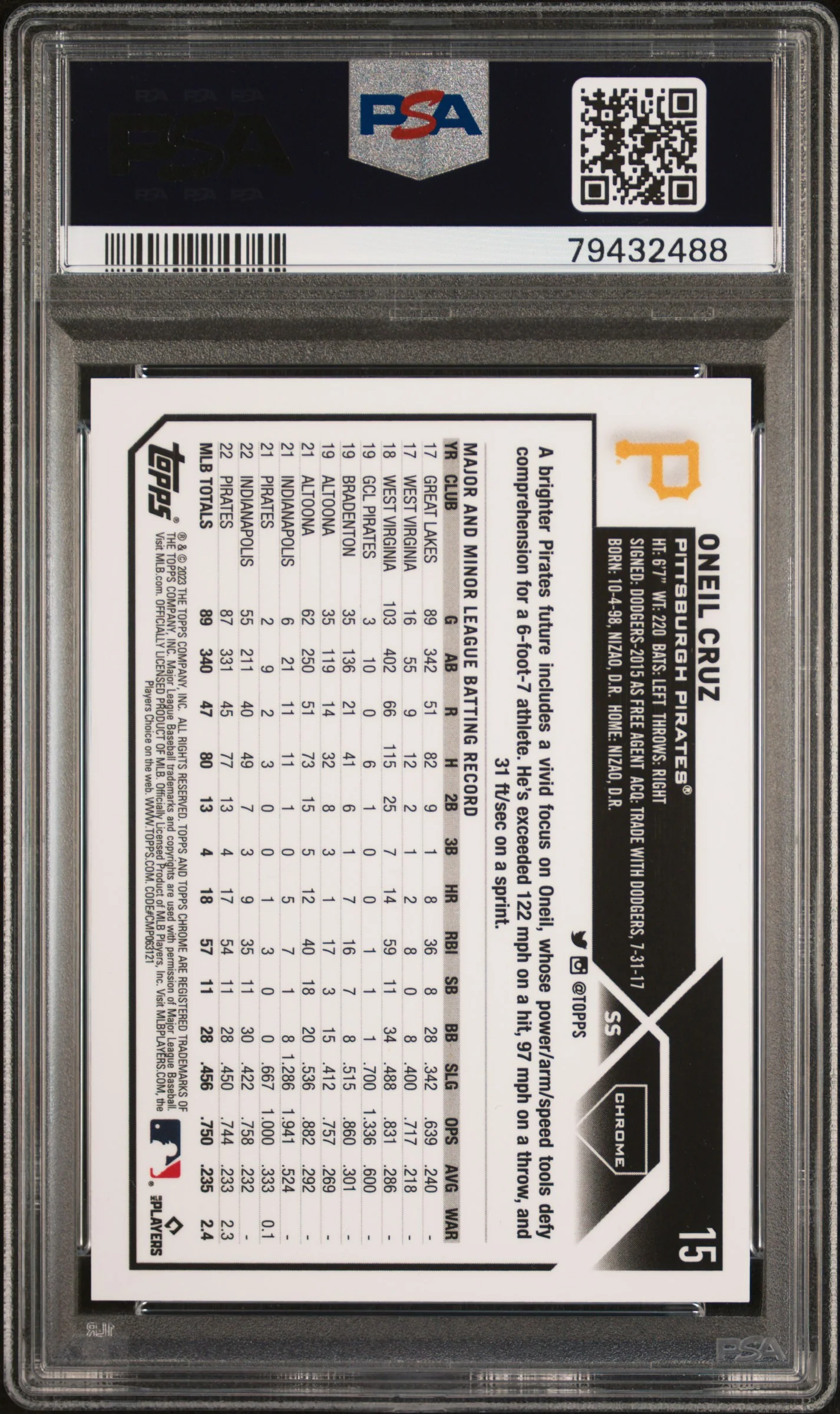 2023 Topps Chrome Green Refractor Oneil Cruz #15 /99 PSA 10 - Image 2