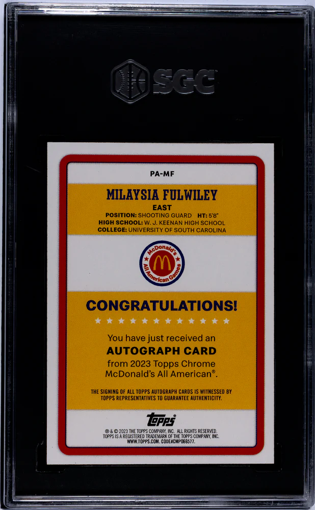 2023 Topps Chrome McDonald's All-American Milaysia Fulwiley #PA-MF Auto SGC 9.5 Auto 10 - Image 2