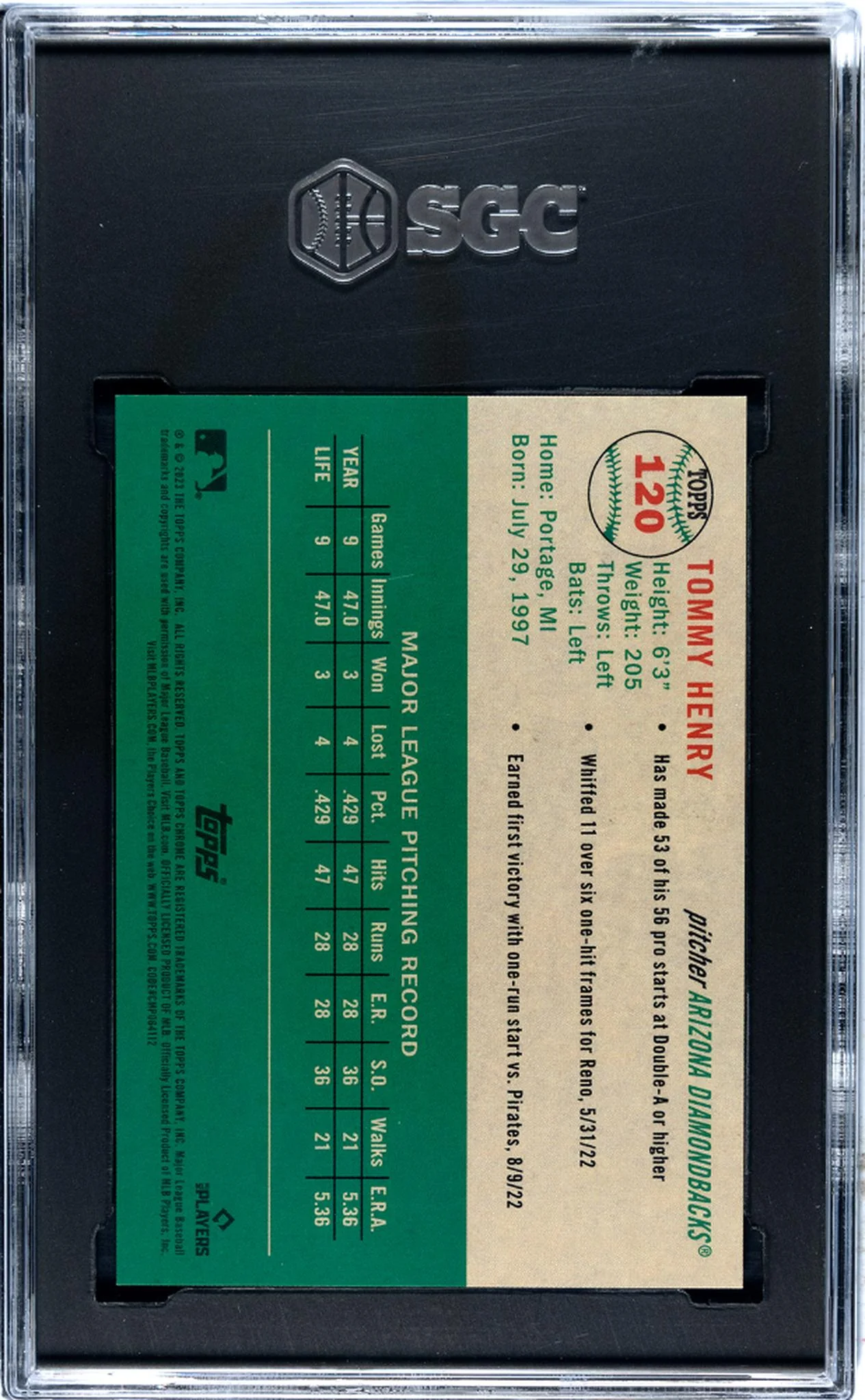 2023 Topps Chrome Platinum Anniv Topps Refractor Tommy Henry #120 RC /499 SGC 10 - Image 2