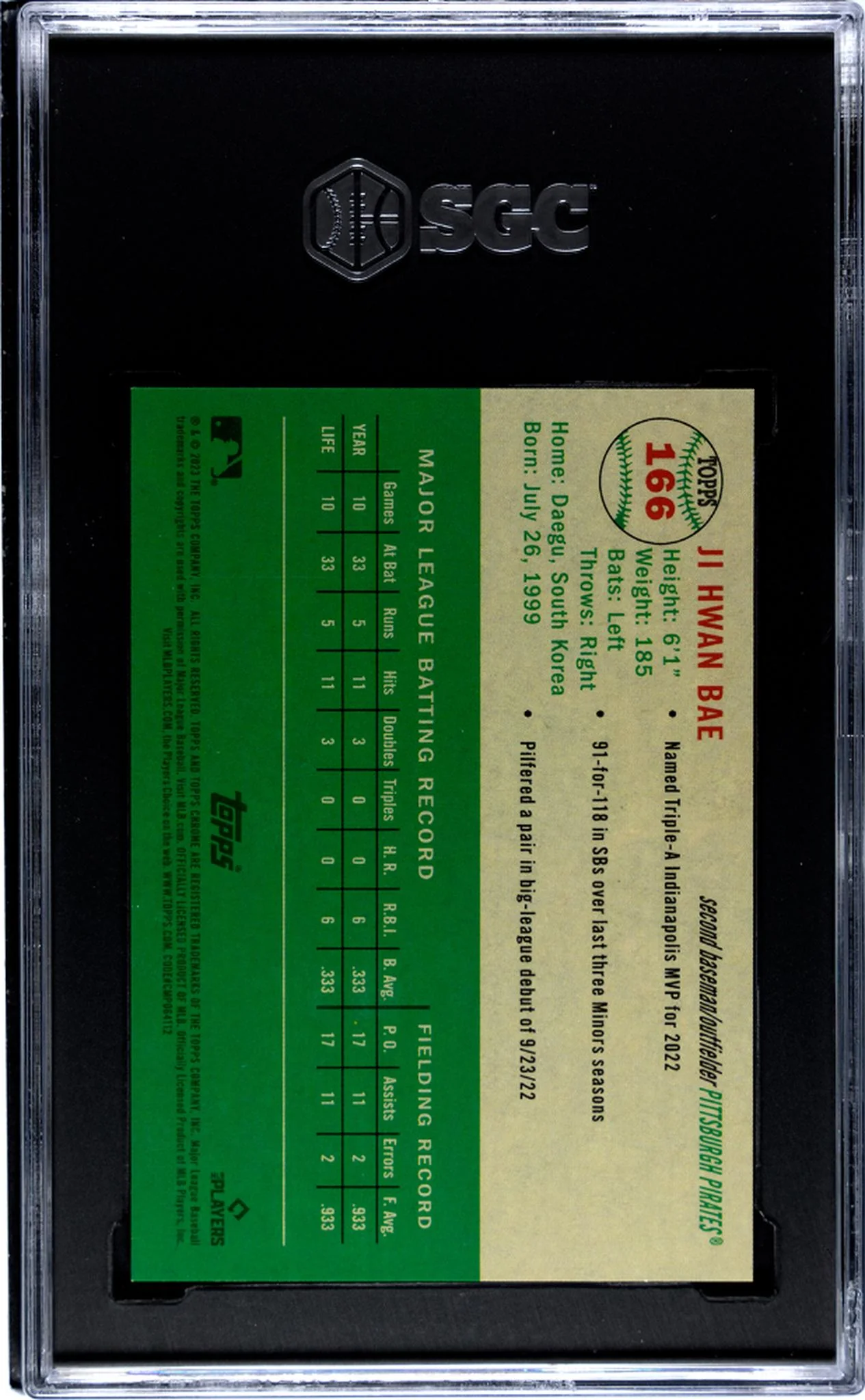 2023 Topps Chrome Platinum Anniversary #166 Ji Hwan Bae Gold Wave Ref. /50 SGC 10 - Image 2