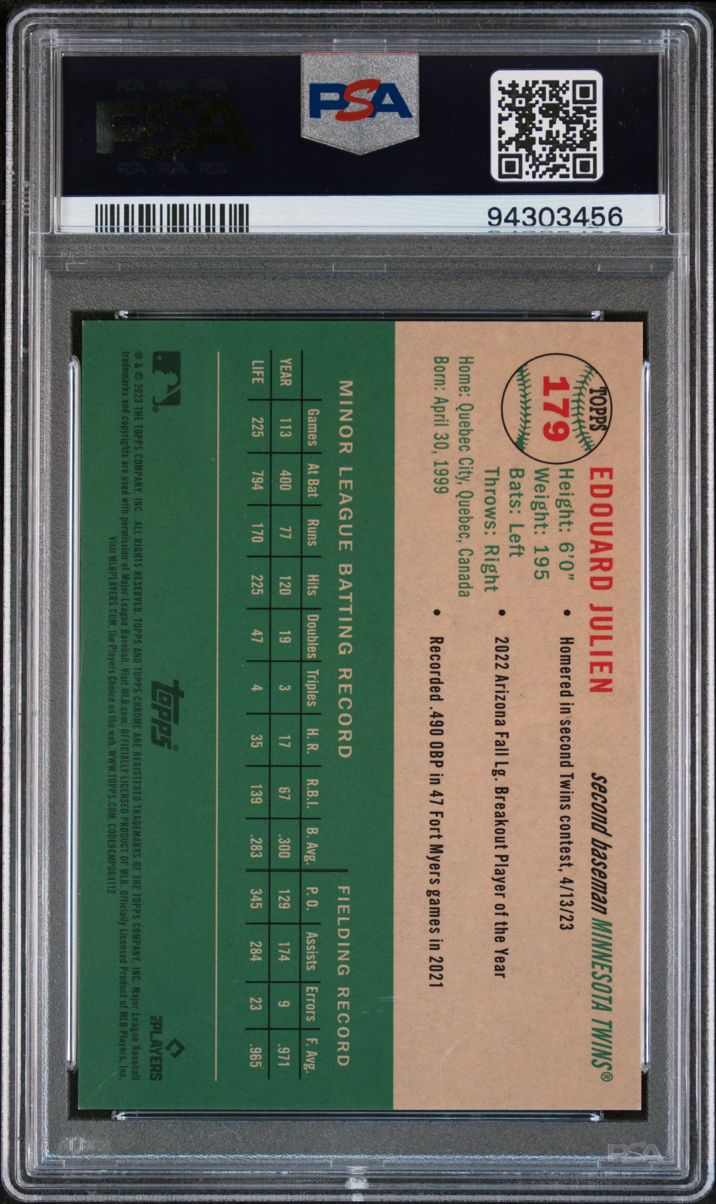 2023 Topps Chrome Platinum Anniversary Edouard Julien #179 RC Rose Gold /75 PSA 10 - Image 2
