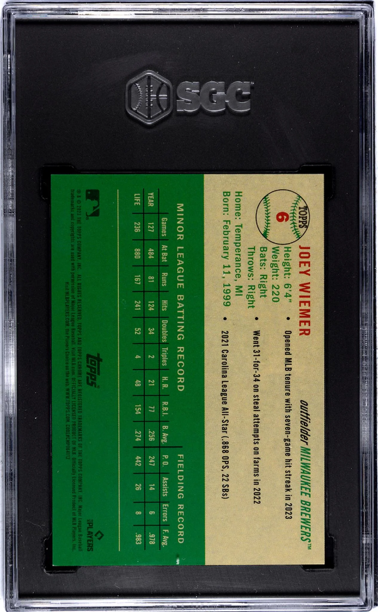 2023 Topps Chrome Platinum Green Refractor Joey Wiemer #6 RC /99 SGC 9.5 - Image 2