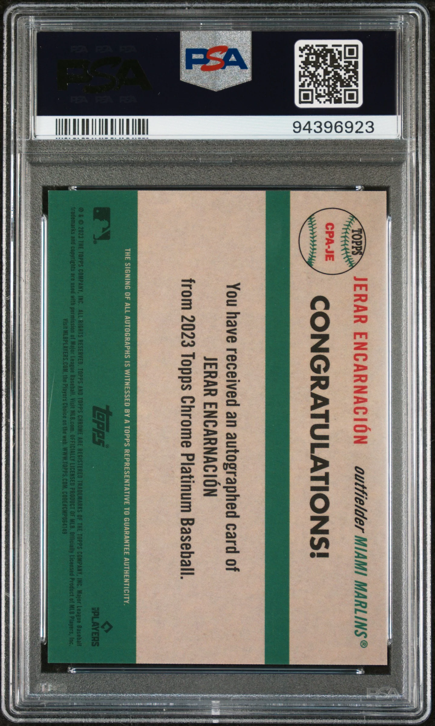 2023 Topps Chrome Platinum Pink Jerar Encarnación #JE RC Auto /15 PSA 10 - Image 2
