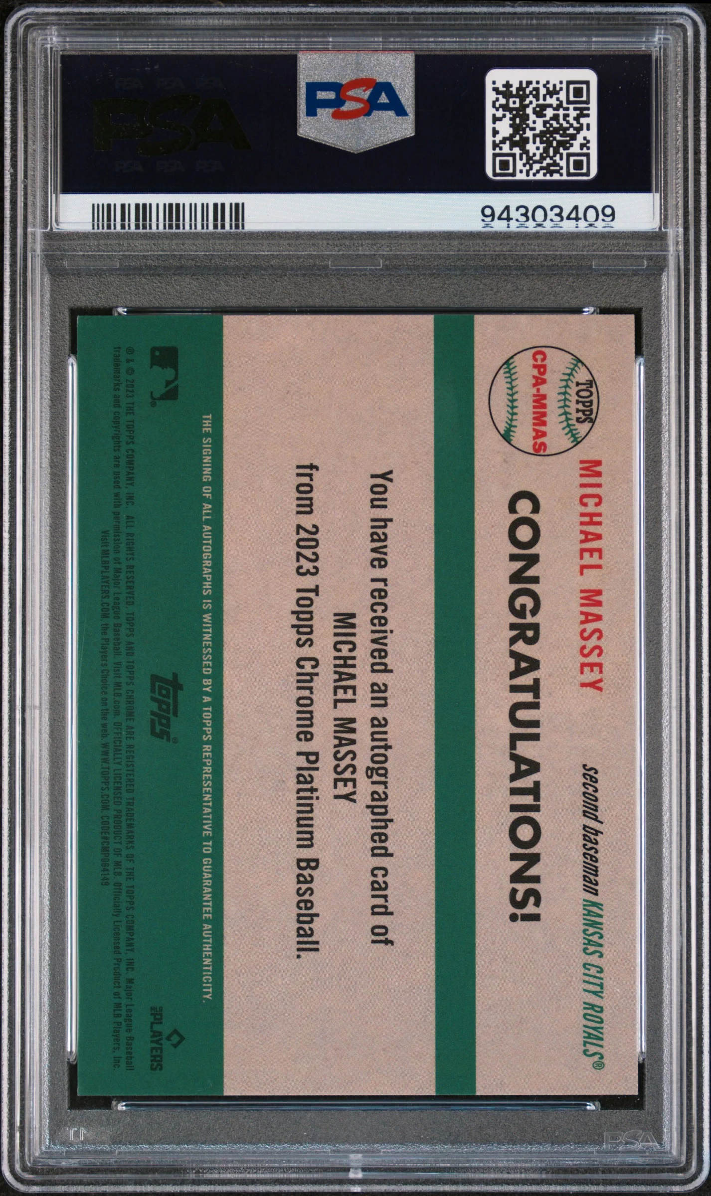 2023 Topps Chrome Platinum Michael Massey #MMAS RC Auto PSA 10 - Image 2