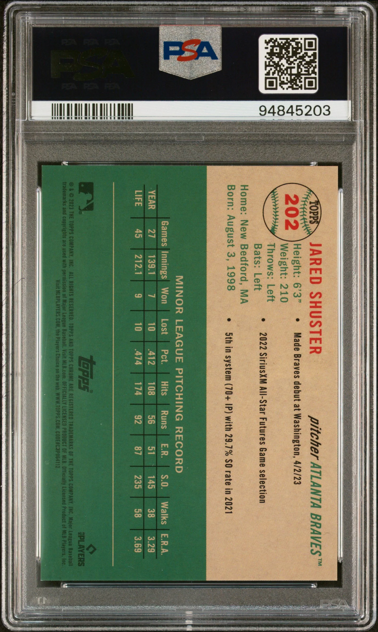 2023 Topps Chrome Platinum Anniversary Gold Wave Jared Shuster /50 RC PSA 10 - Image 2