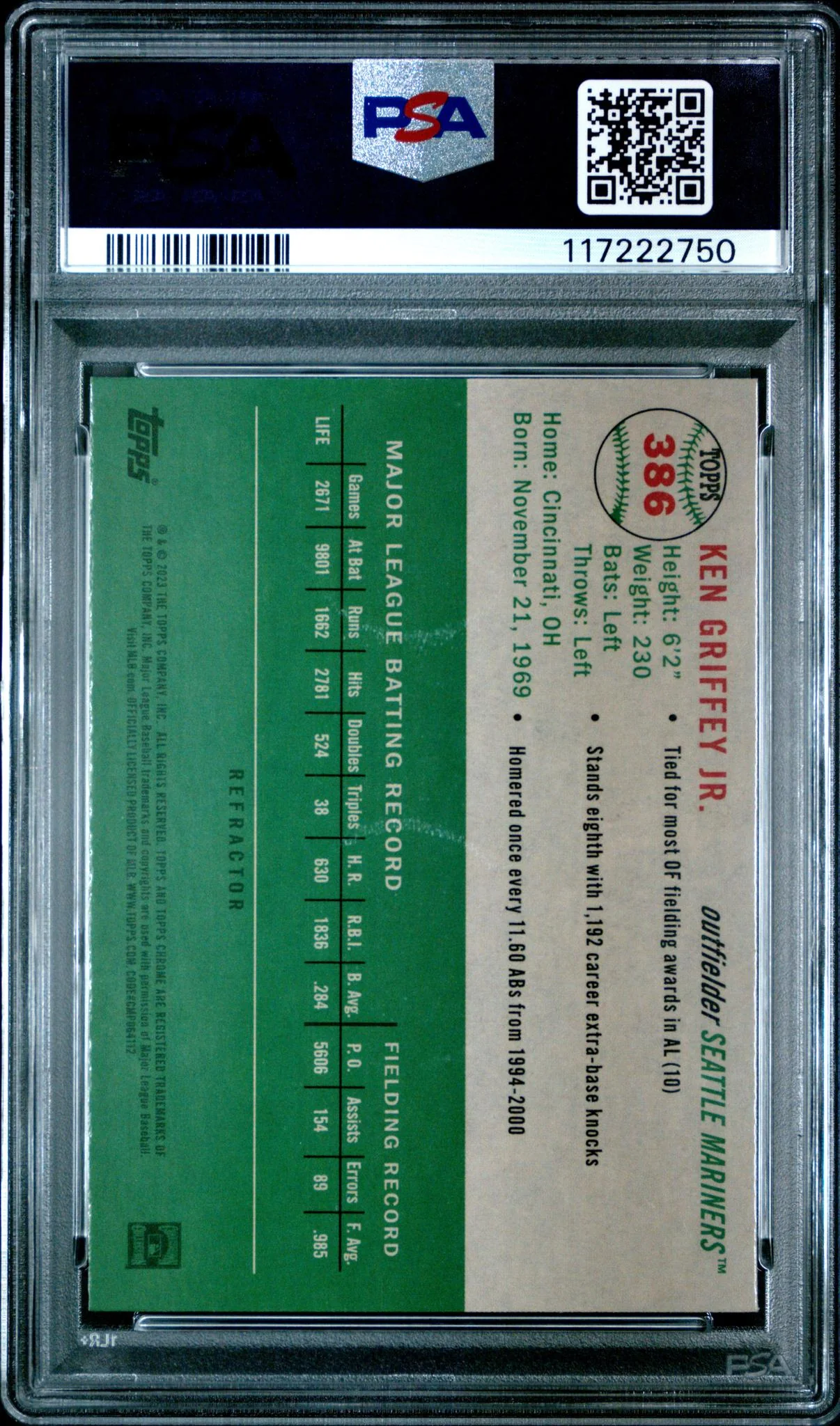 2023 Topps Chrome Platinum Anniversary Refractor Ken Griffey Jr. #386 PSA 9 - Image 2