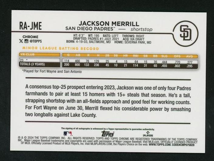 2023 Topps Chrome RA-JME Jackson Merrill Rookie San Diego Padres Auto - Image 2